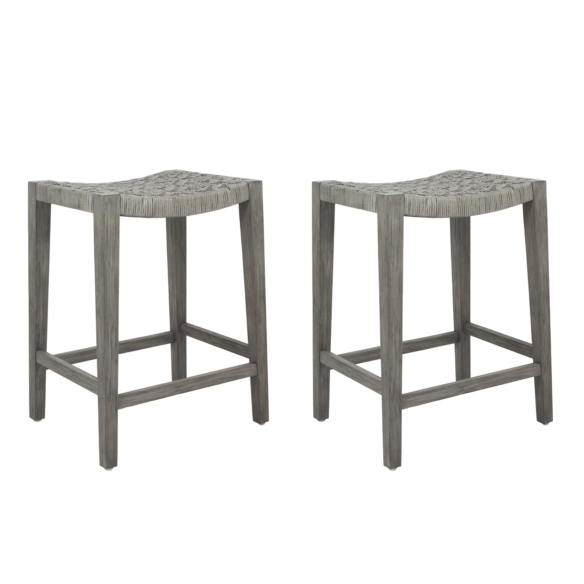 Javi Mahogany Wood and Rattan Seat Backless Counterstool, Set of 2