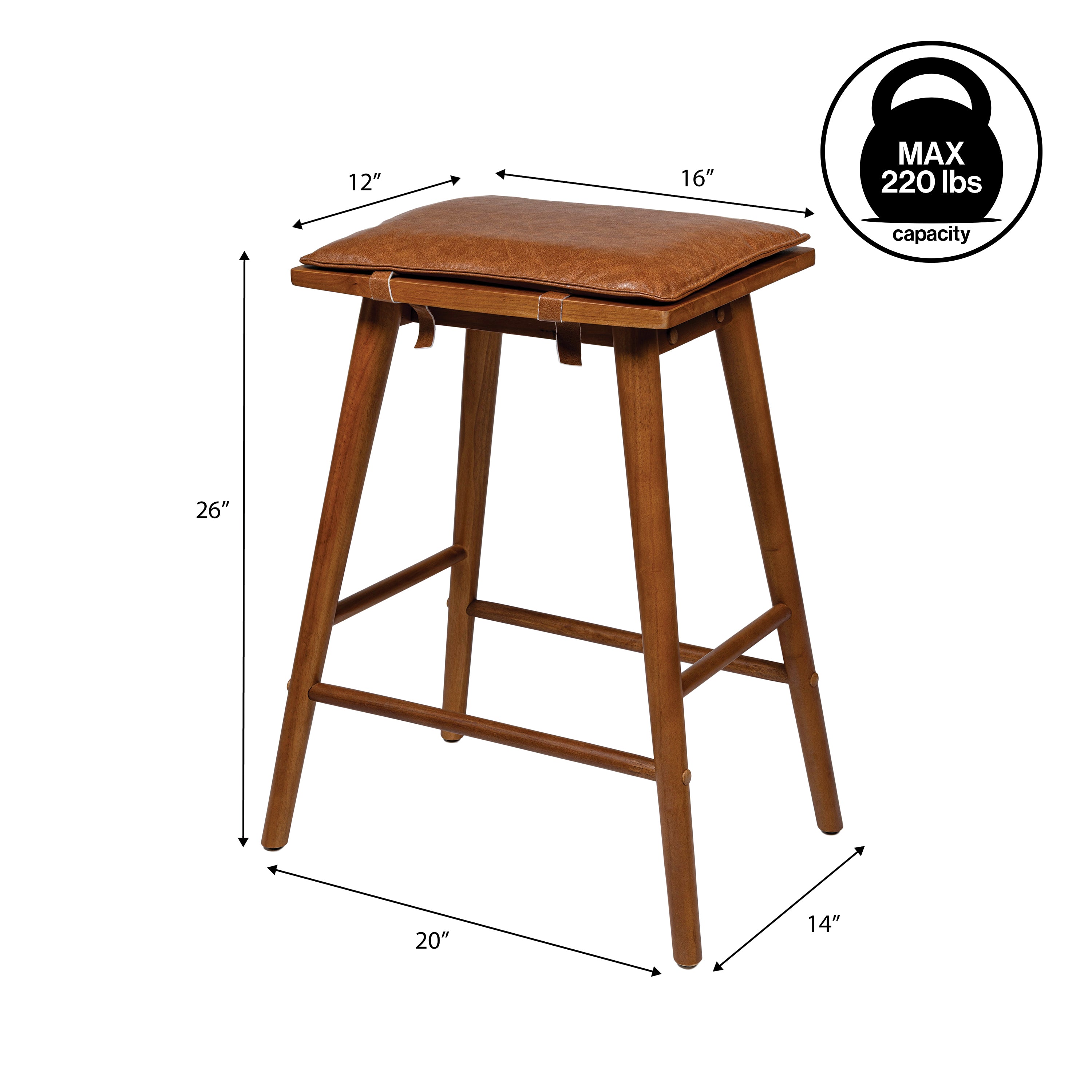Peron MidCentury Classic Saddle-Seat Solid Wood/Vegan Leather Backless Bar Stool with Removeable Cushion