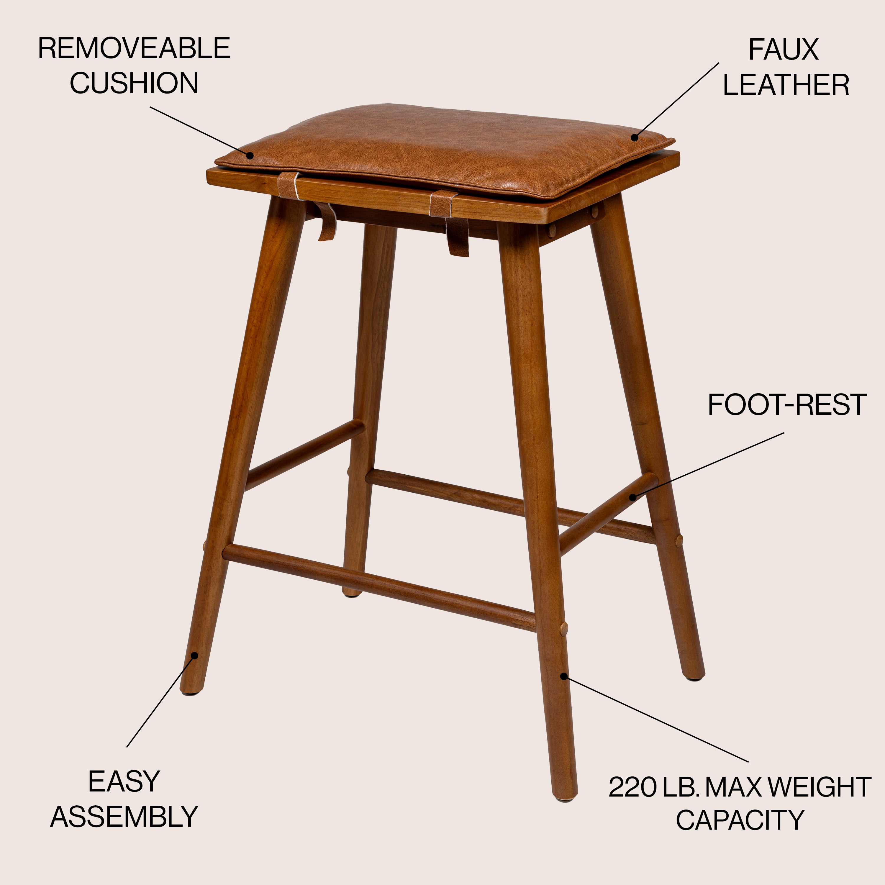 Peron MidCentury Classic Saddle-Seat Solid Wood/Vegan Leather Backless Bar Stool with Removeable Cushion