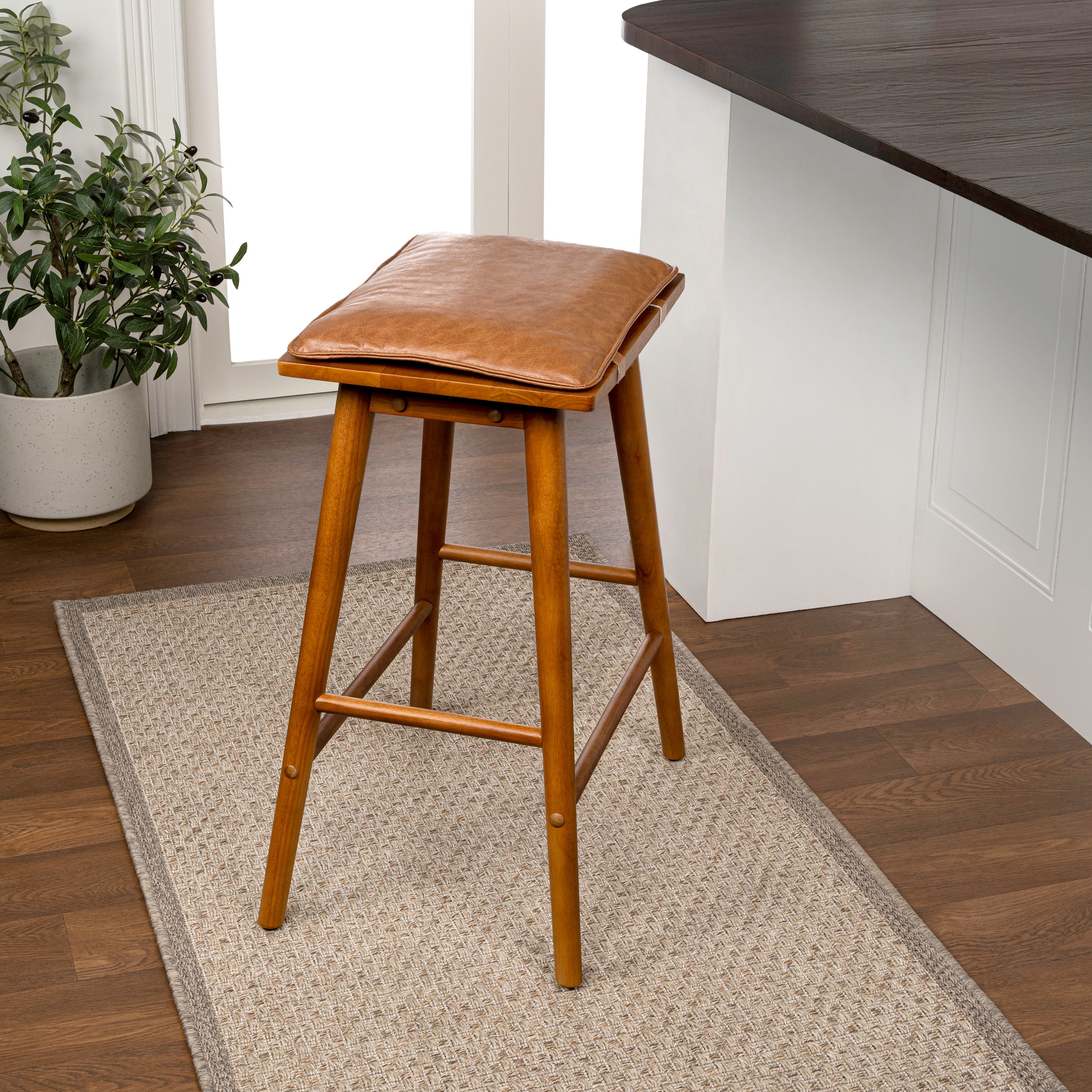 Peron MidCentury Classic Saddle-Seat Solid Wood/Vegan Leather Backless Bar Stool with Removeable Cushion