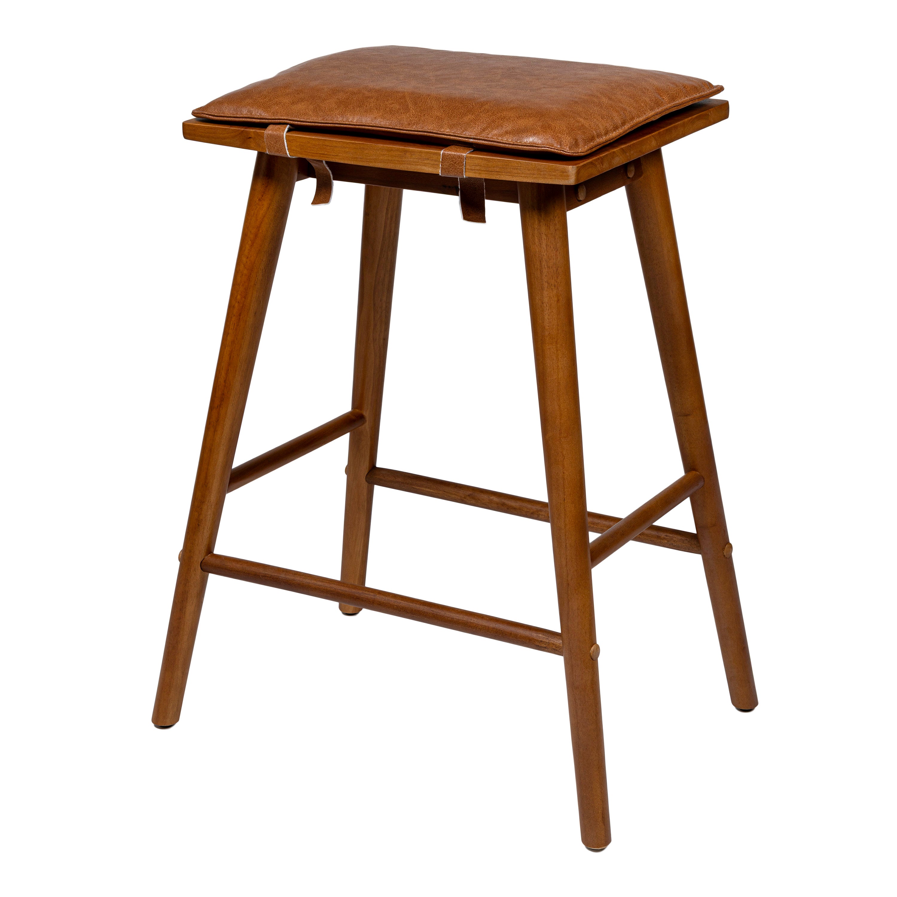 Peron MidCentury Classic Saddle-Seat Solid Wood/Vegan Leather Backless Bar Stool with Removeable Cushion