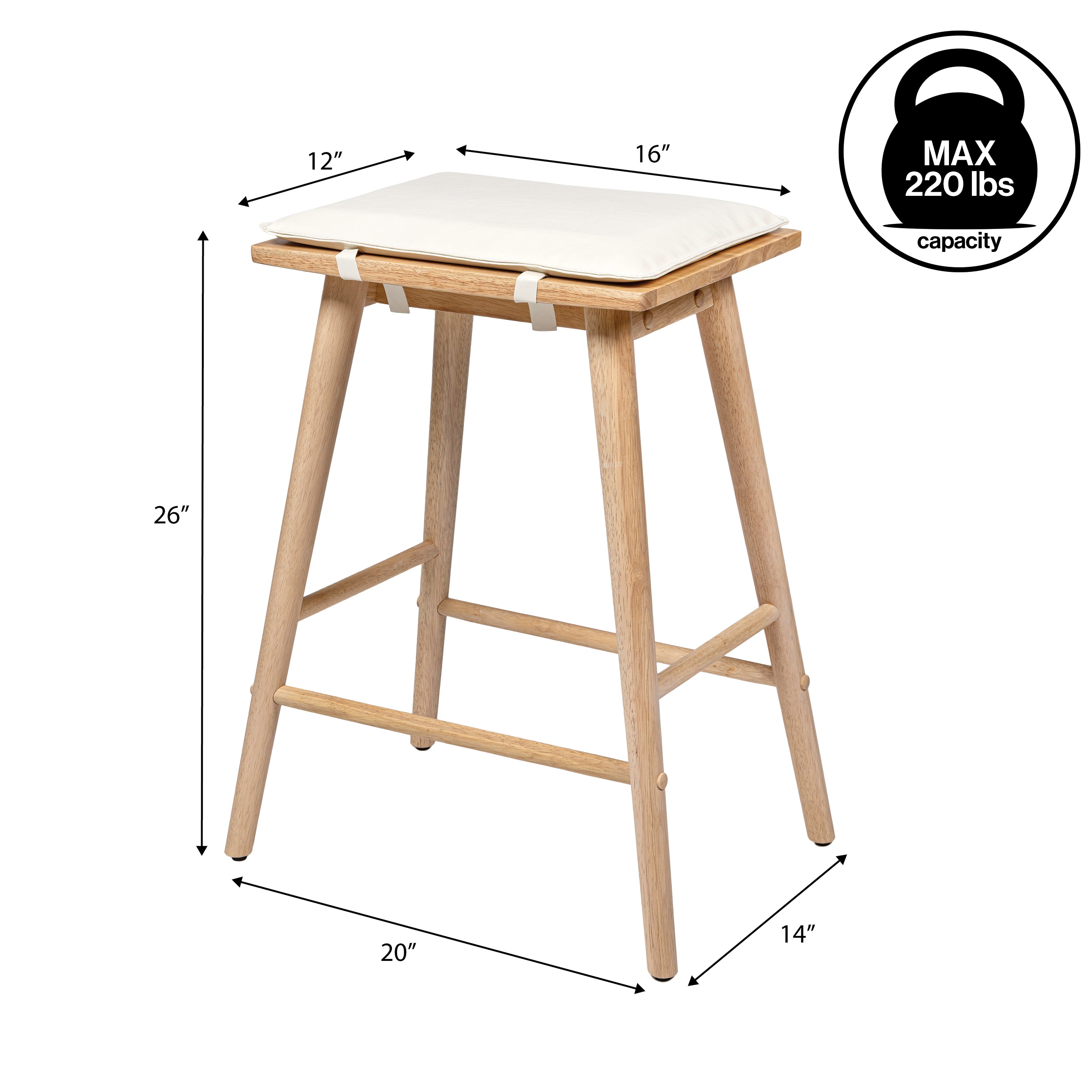 Peron MidCentury Classic Saddle-Seat Solid Wood/Vegan Leather Backless Bar Stool with Removeable Cushion