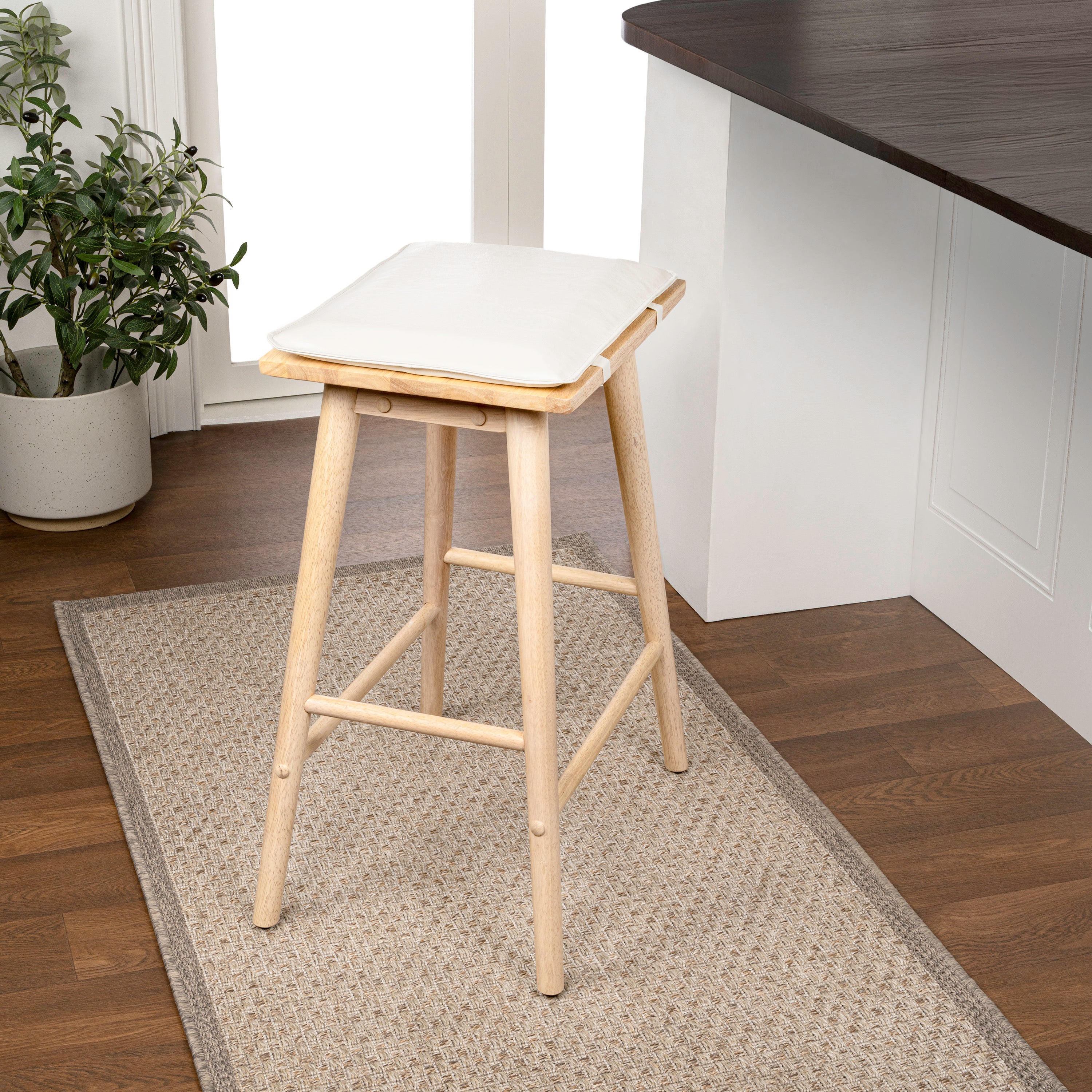 Peron MidCentury Classic Saddle-Seat Solid Wood/Vegan Leather Backless Bar Stool with Removeable Cushion