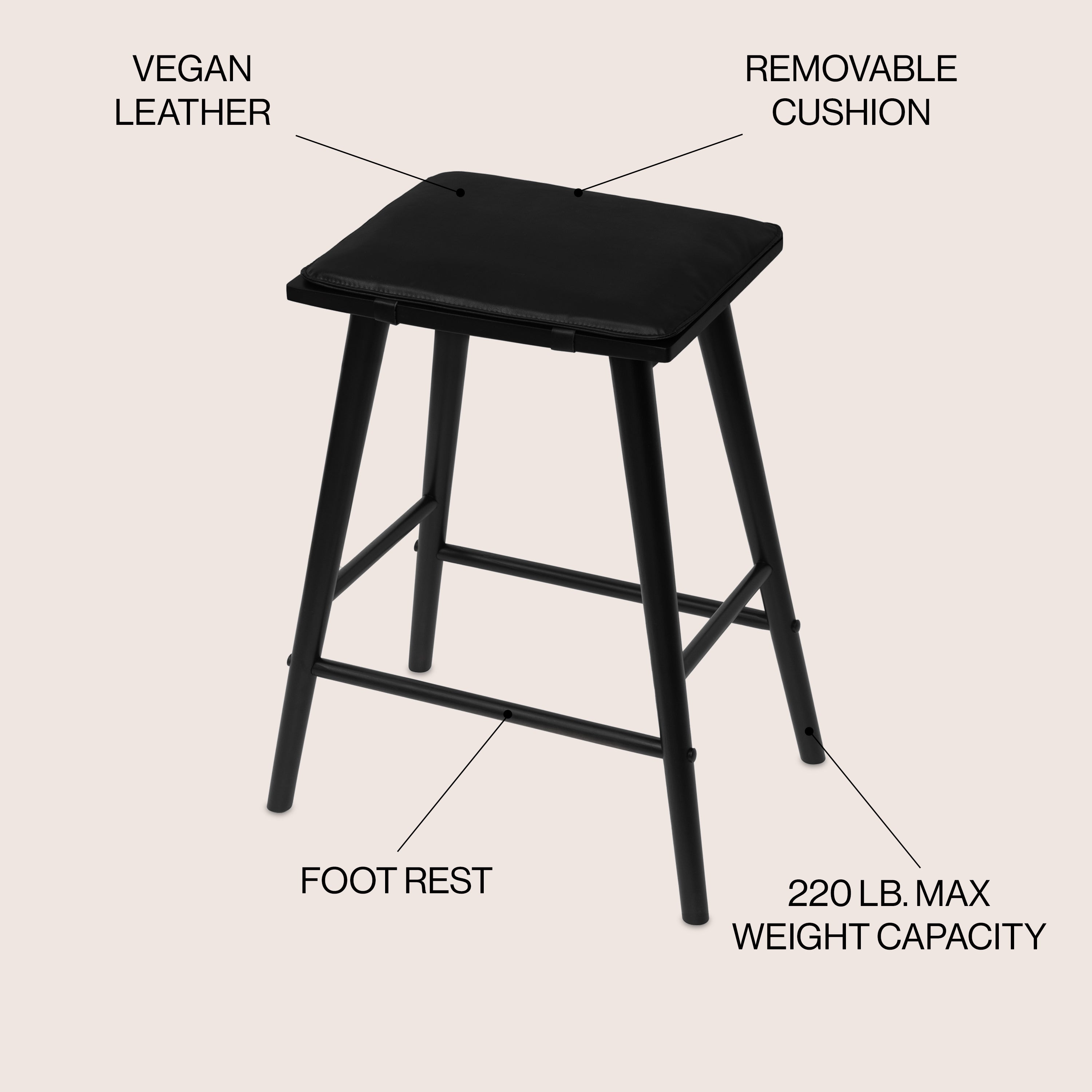 Peron MidCentury Classic Saddle-Seat Solid Wood/Vegan Leather Backless Bar Stool with Removeable Cushion
