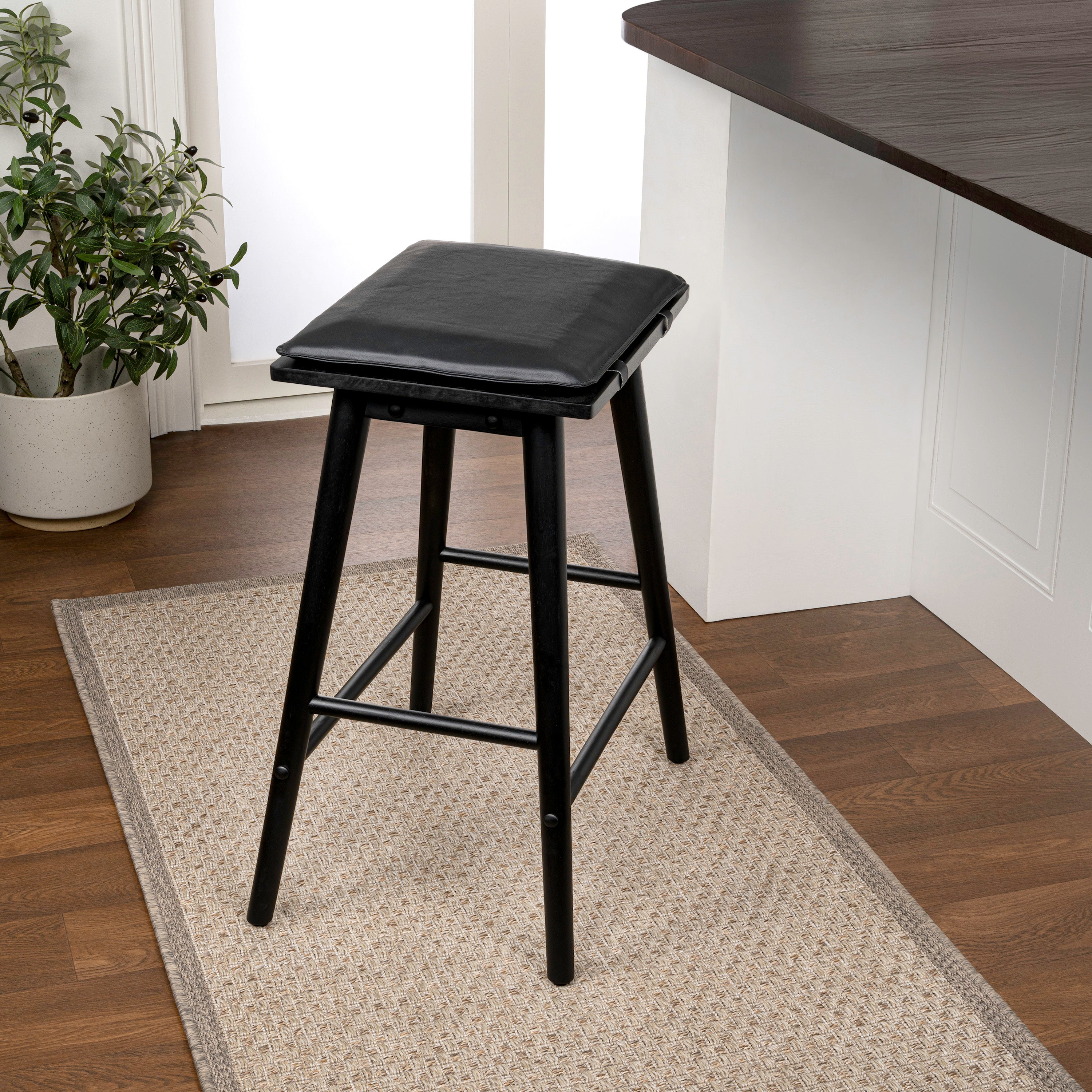 Peron MidCentury Classic Saddle-Seat Solid Wood/Vegan Leather Backless Bar Stool with Removeable Cushion
