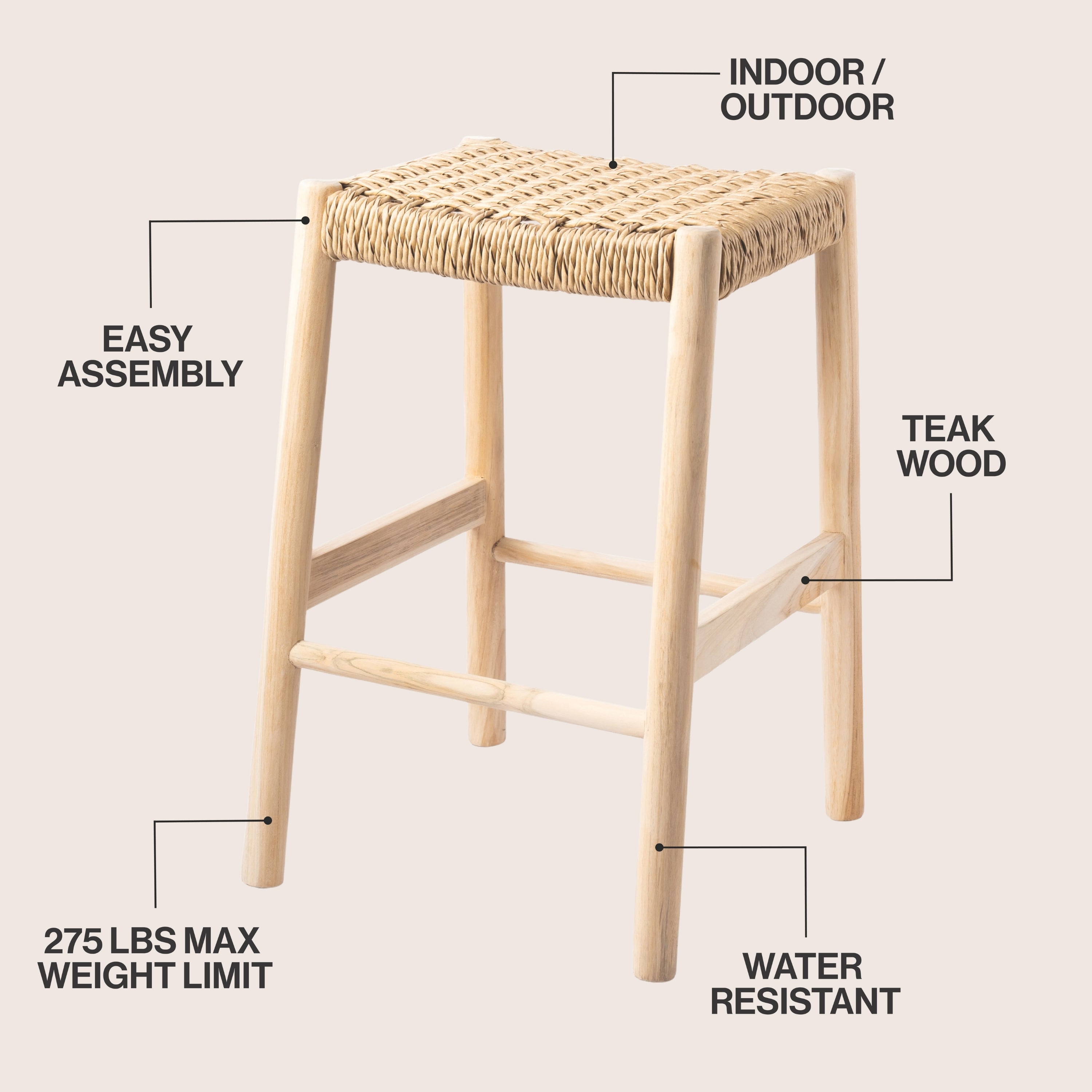 Armati Coastal Casual Handcrafted Teak Wood Backless Bar Stool