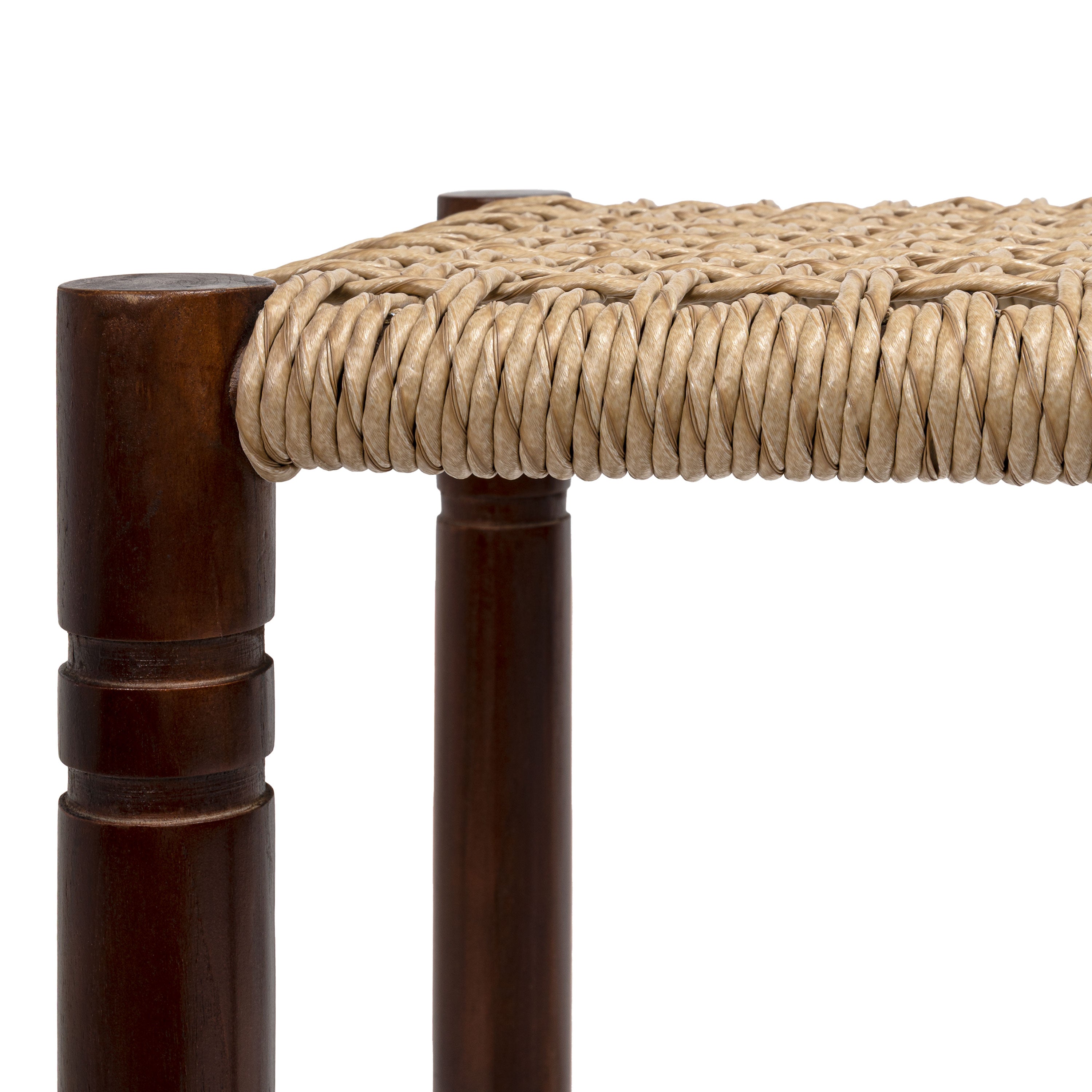 Columnar Casual Bohemian Handcrafted Teak Wood Backless Bar Stool with Synthetic Woven Rattan Seat