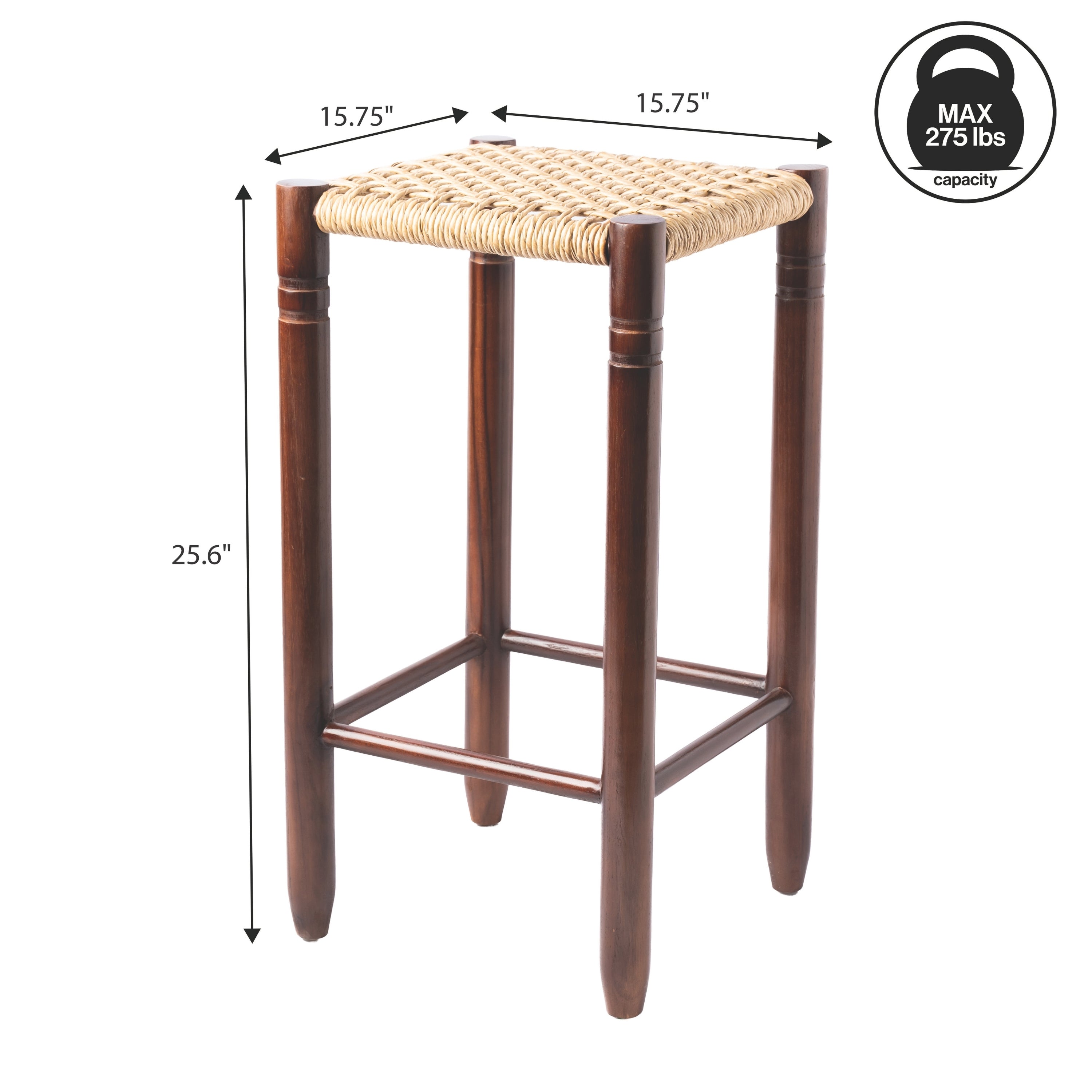 Columnar Casual Bohemian Handcrafted Teak Wood Backless Bar Stool with Synthetic Woven Rattan Seat