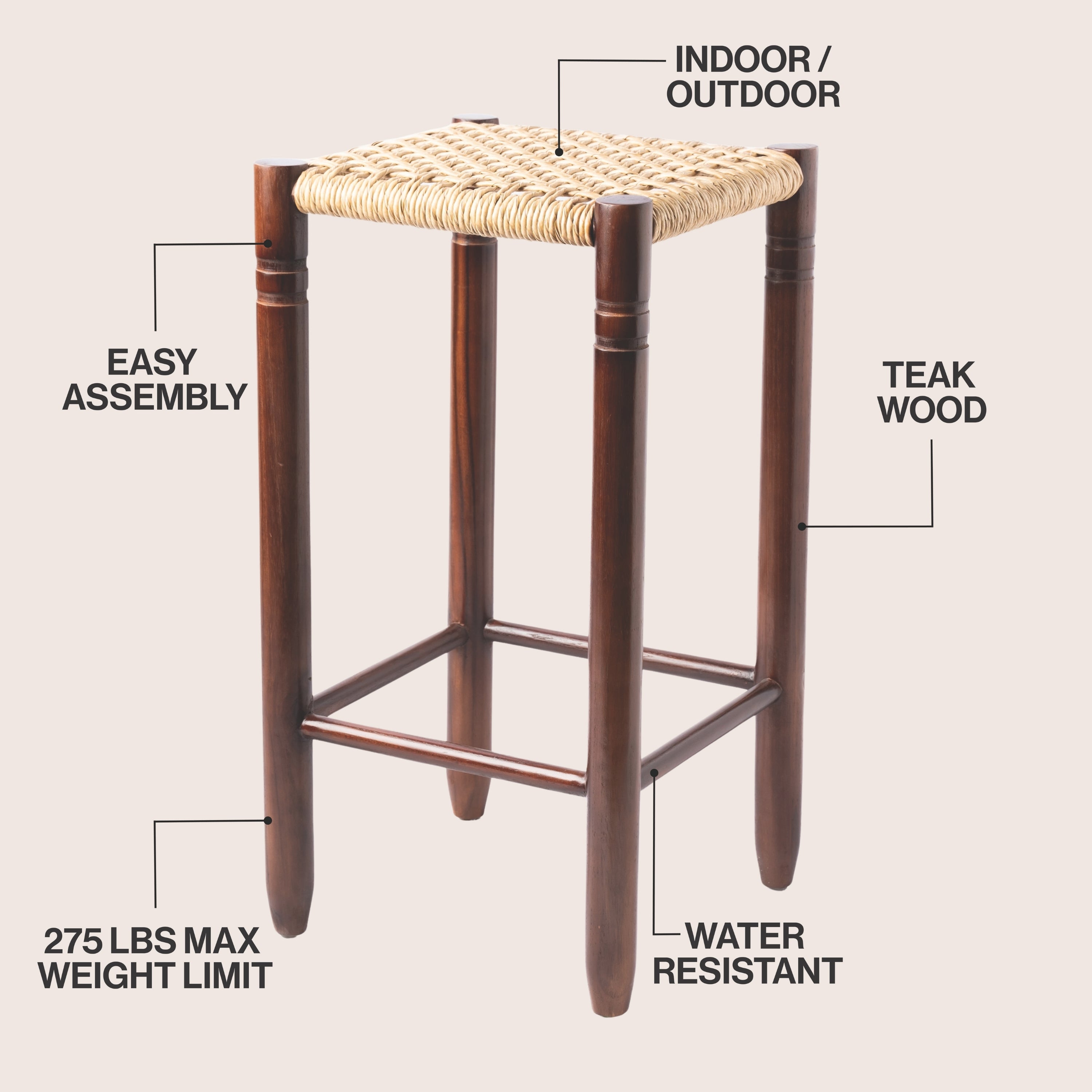 Columnar Casual Bohemian Handcrafted Teak Wood Backless Bar Stool with Synthetic Woven Rattan Seat