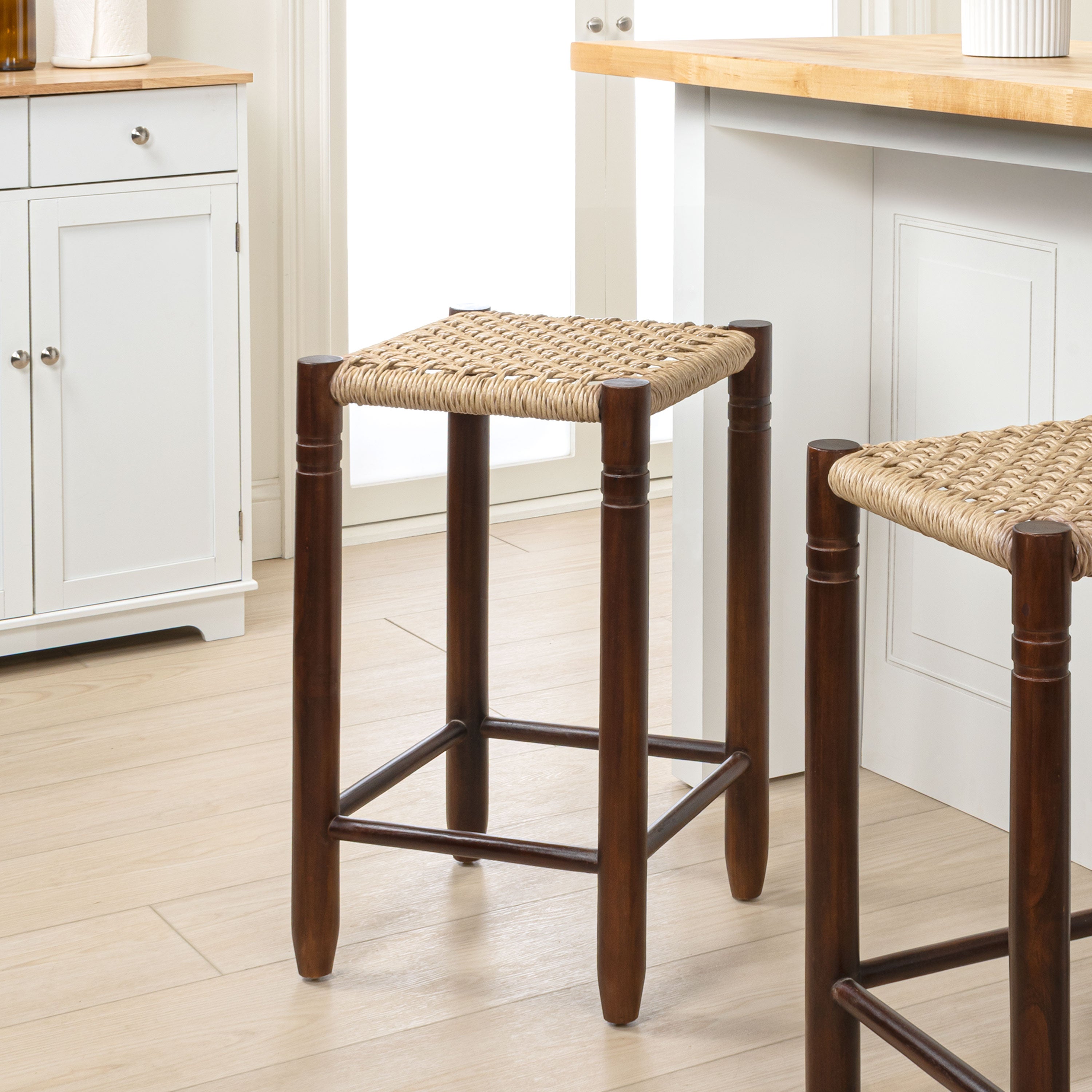 Columnar Casual Bohemian Handcrafted Teak Wood Backless Bar Stool with Synthetic Woven Rattan Seat