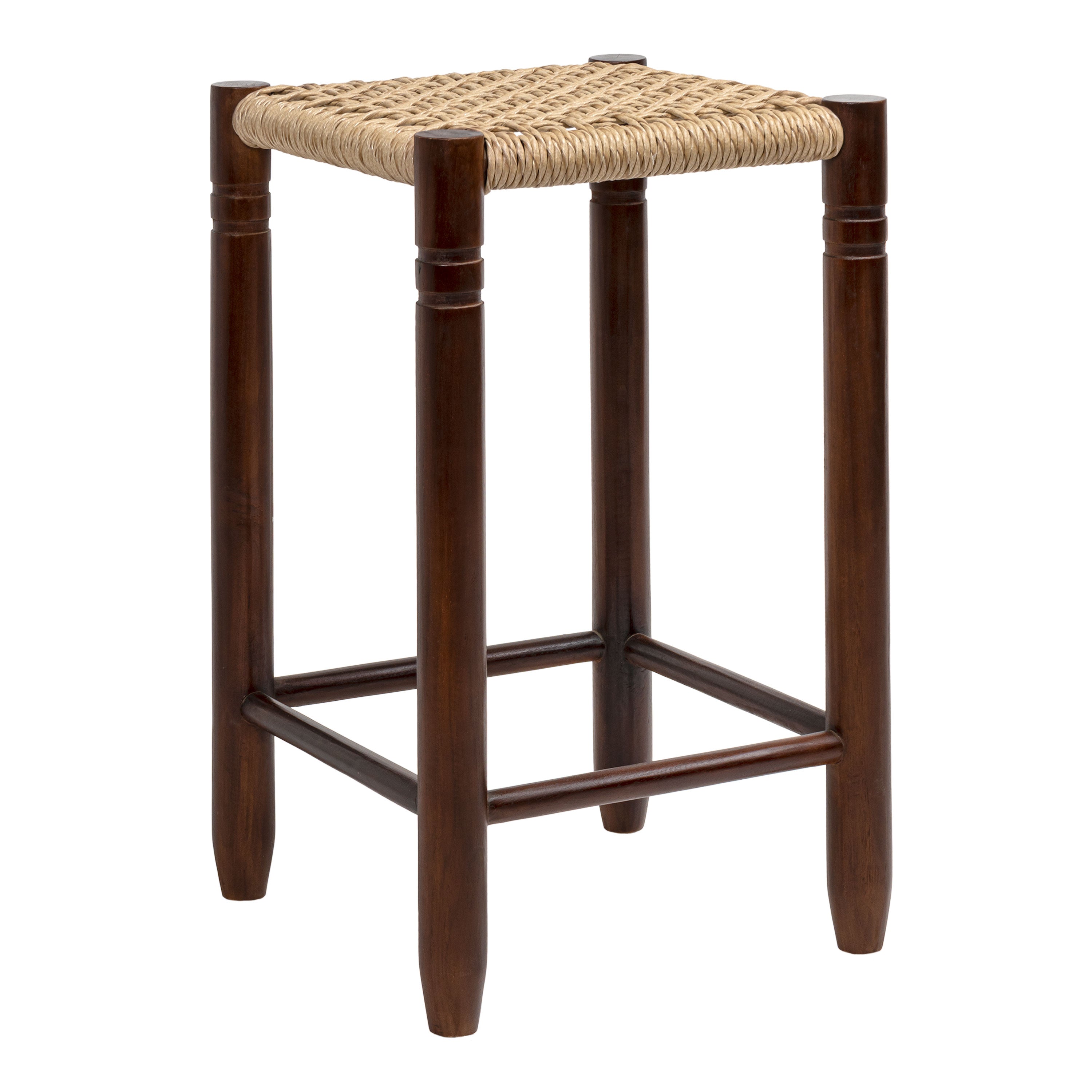 Columnar Casual Bohemian Handcrafted Teak Wood Backless Bar Stool with Synthetic Woven Rattan Seat