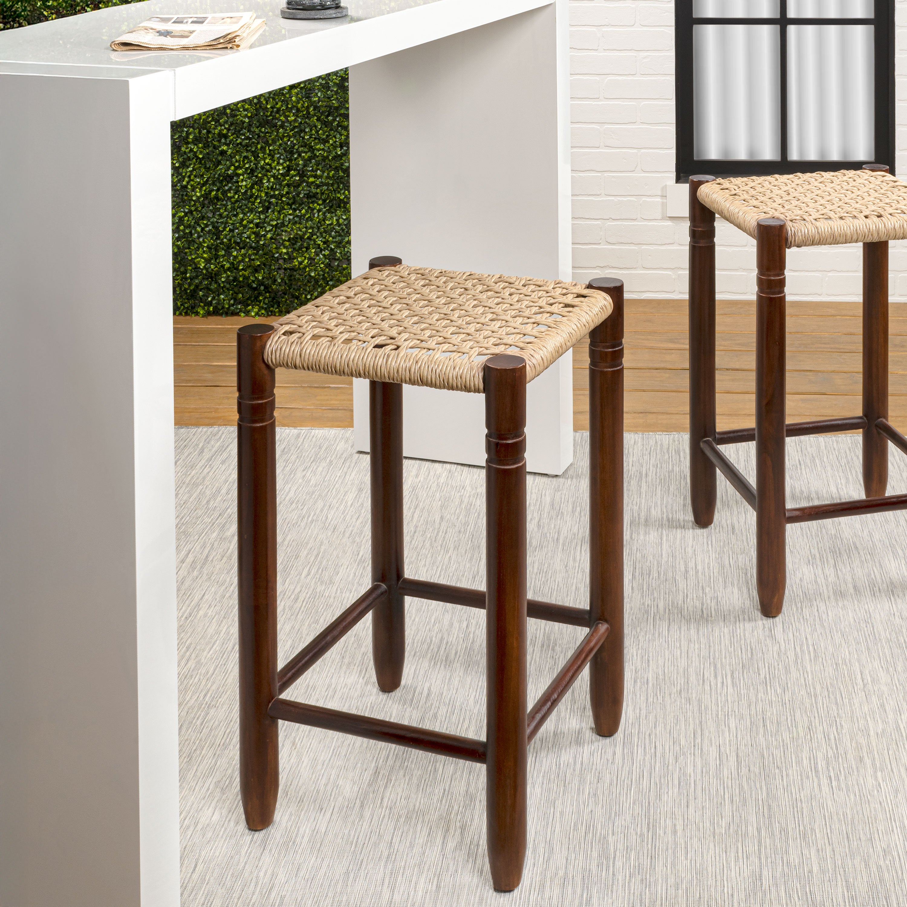 Columnar Casual Bohemian Handcrafted Teak Wood Backless Bar Stool with Synthetic Woven Rattan Seat