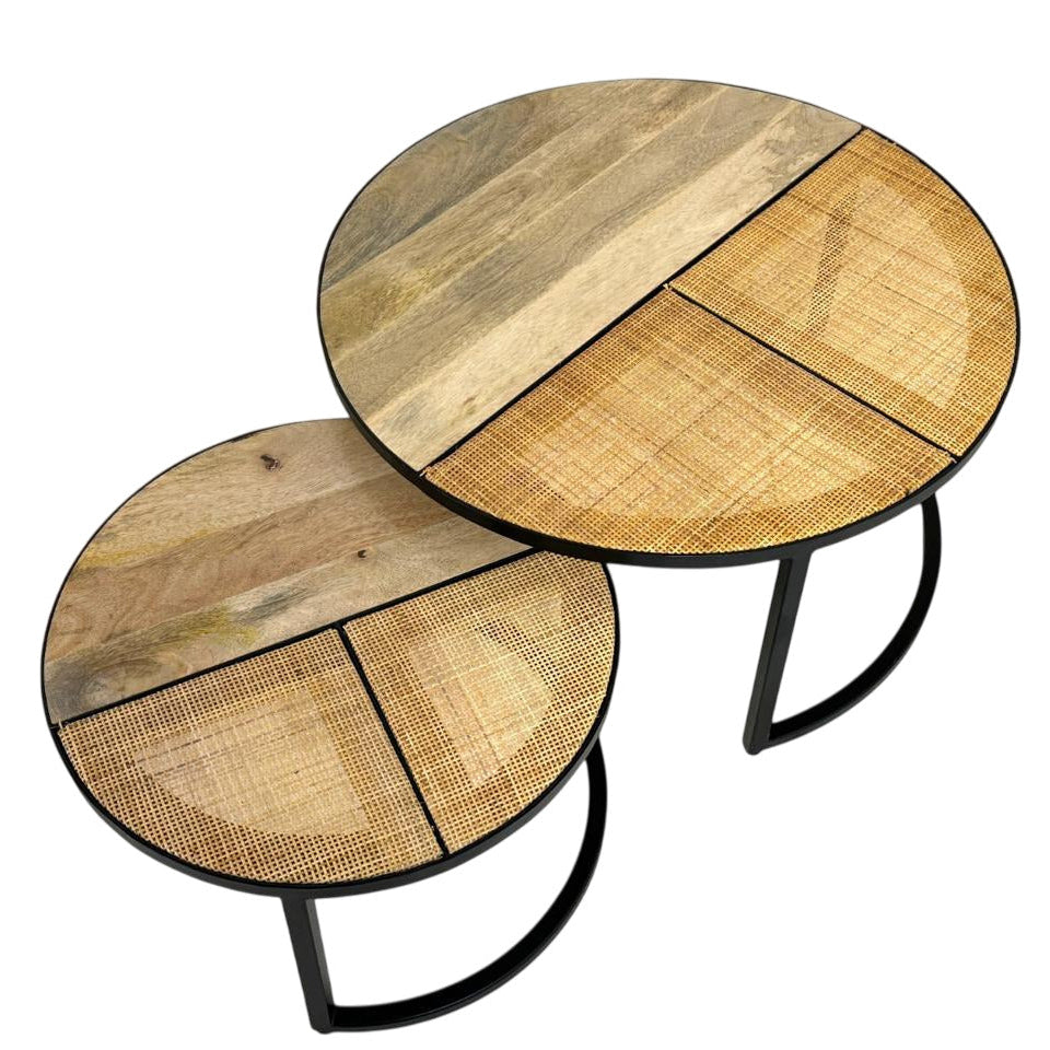Cardinal Nesting Coffee Table Set, 2-Piece Round Mango Wood and Cane Tops with Black Metal Frame