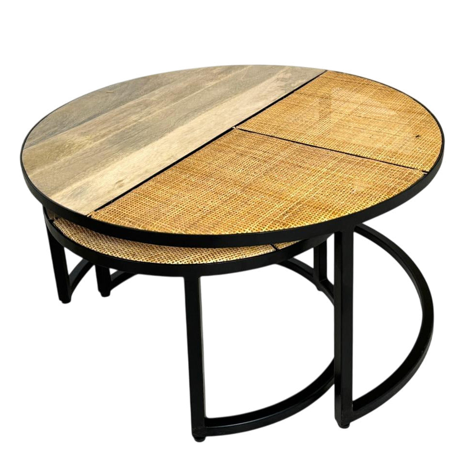 Cardinal Nesting Coffee Table Set, 2-Piece Round Mango Wood and Cane Tops with Black Metal Frame