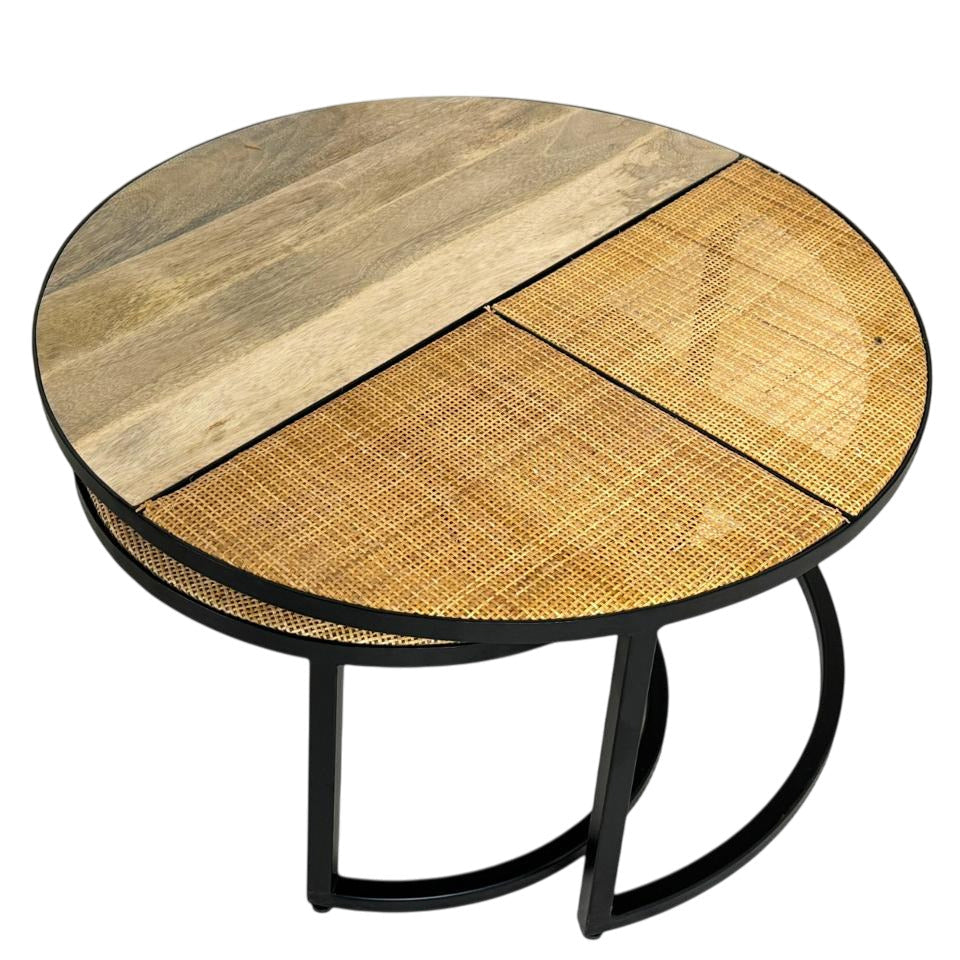 Cardinal Nesting Coffee Table Set, 2-Piece Round Mango Wood and Cane Tops with Black Metal Frame
