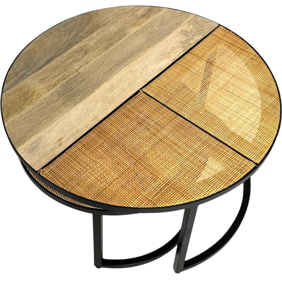 Cardinal Nesting Coffee Table Set, 2-Piece Round Mango Wood and Cane Tops with Black Metal Frame
