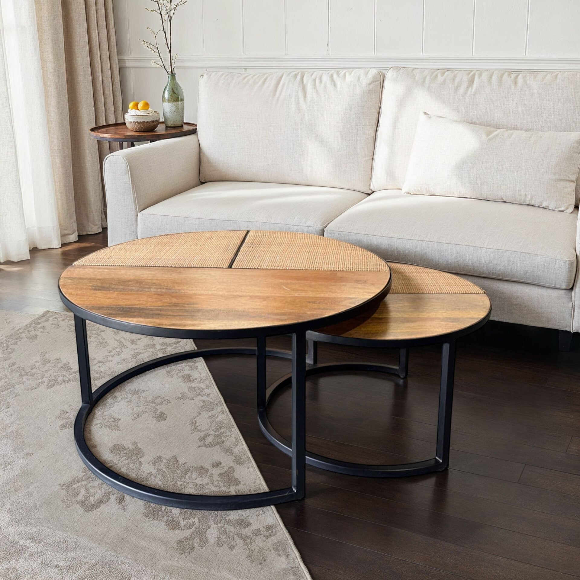 Cardinal Nesting Coffee Table Set, 2-Piece Round Mango Wood and Cane Tops with Black Metal Frame