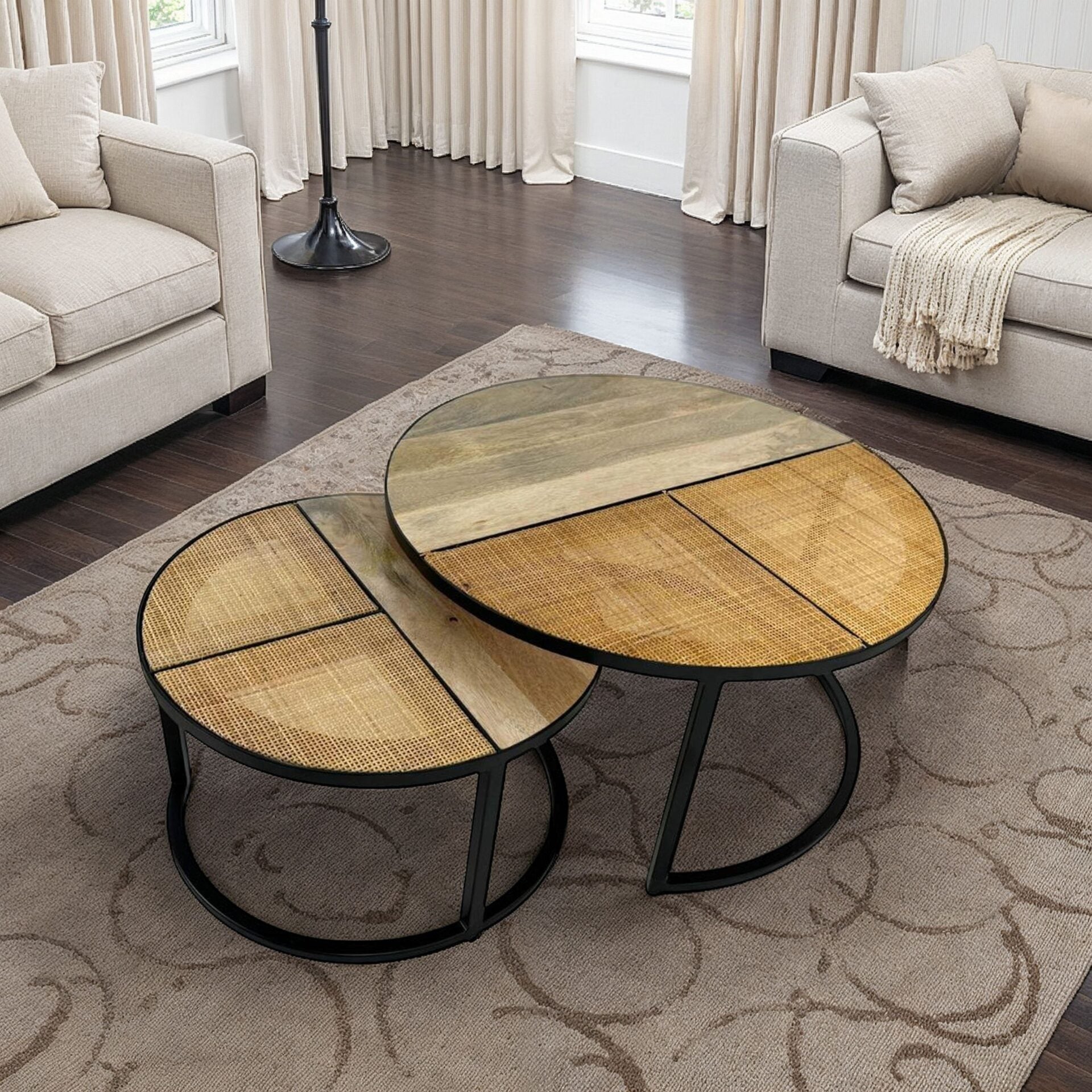 Cardinal Nesting Coffee Table Set, 2-Piece Round Mango Wood and Cane Tops with Black Metal Frame