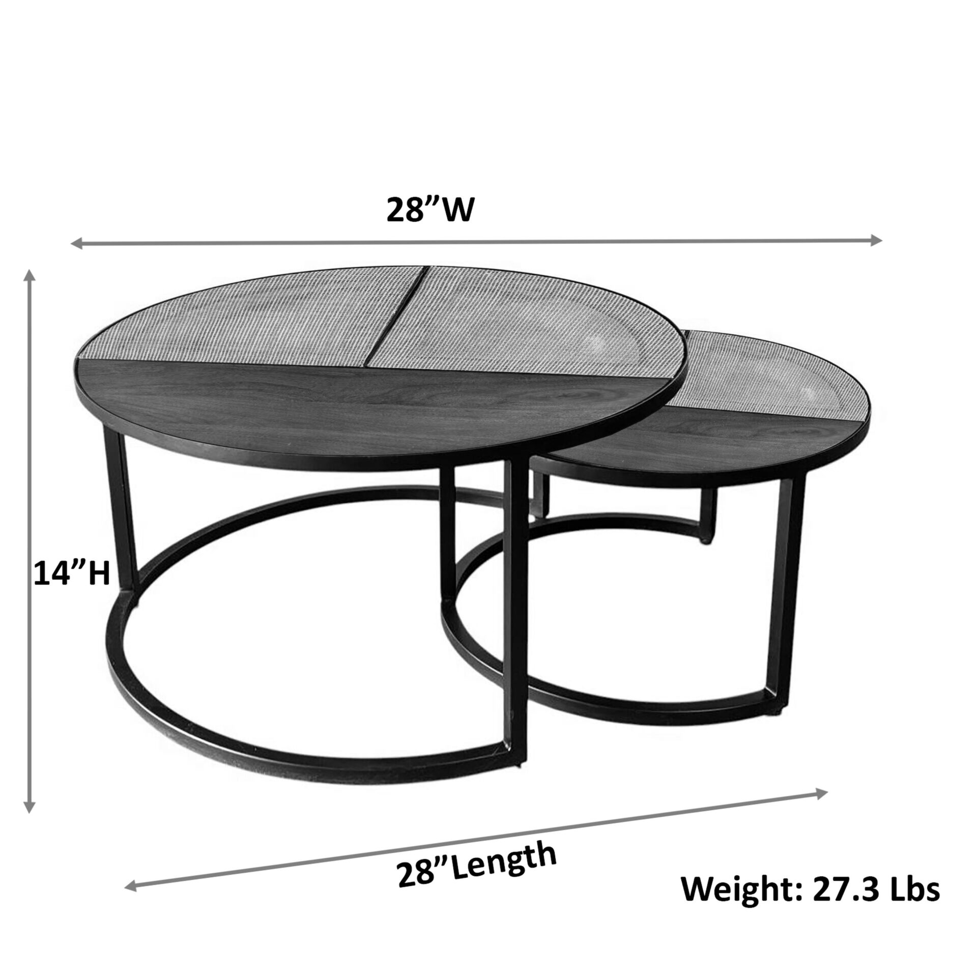 Cardinal Nesting Coffee Table Set, 2-Piece Round Mango Wood and Cane Tops with Black Metal Frame