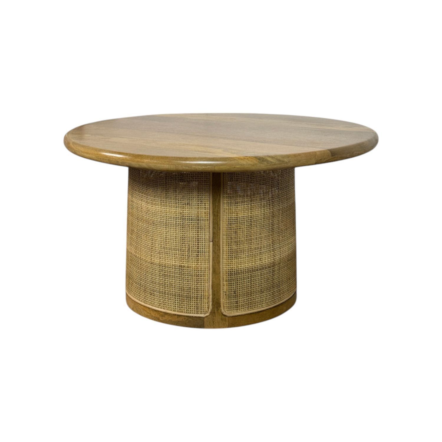 Marlowe 30" Drum-Style Coffee Table with Blonde Acacia Wood Top and Handwoven Cane Base