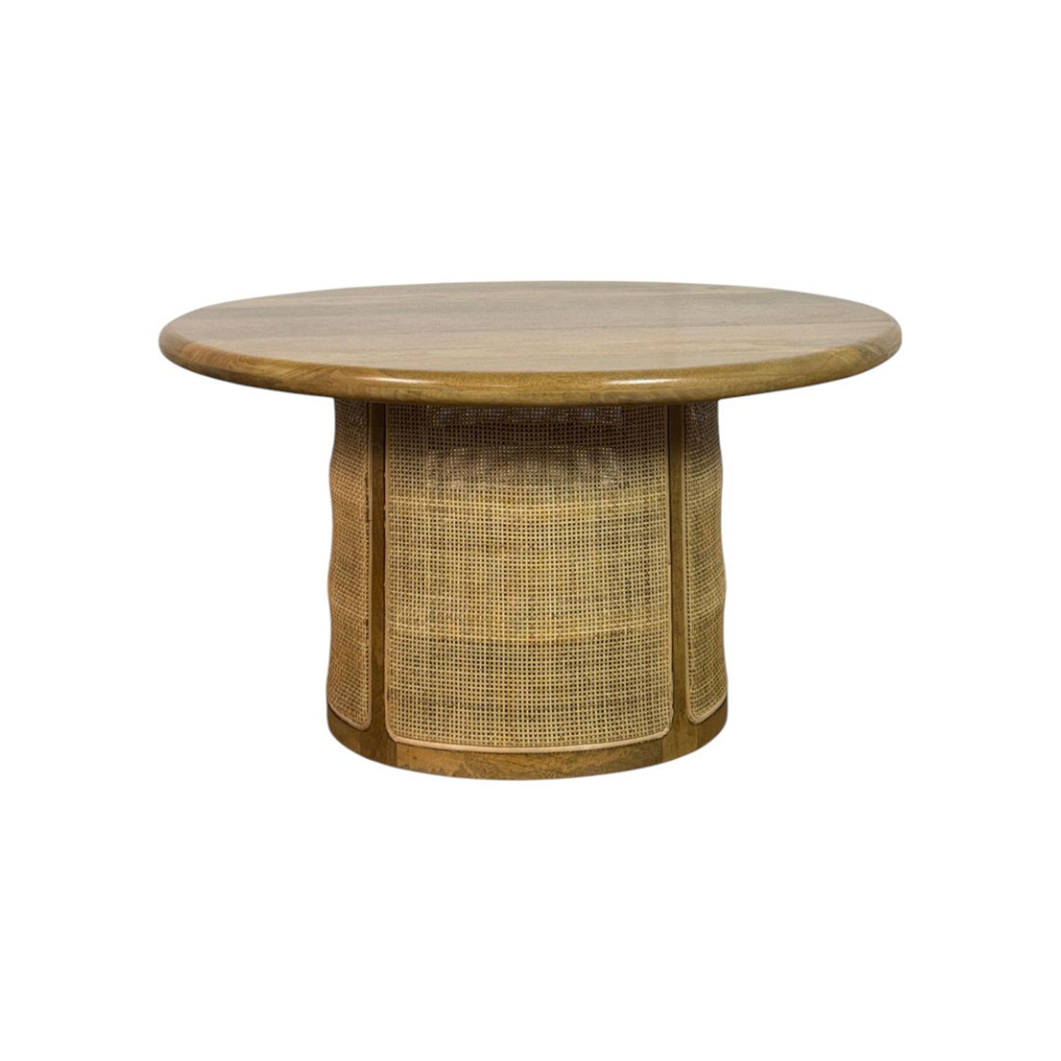 Marlowe 30" Drum-Style Coffee Table with Blonde Acacia Wood Top and Handwoven Cane Base