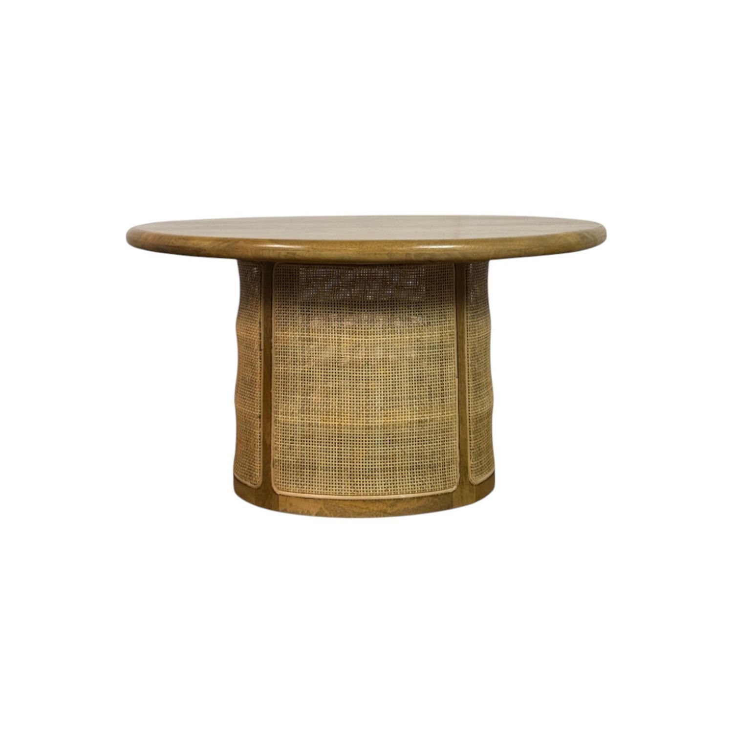 Marlowe 30" Drum-Style Coffee Table with Blonde Acacia Wood Top and Handwoven Cane Base