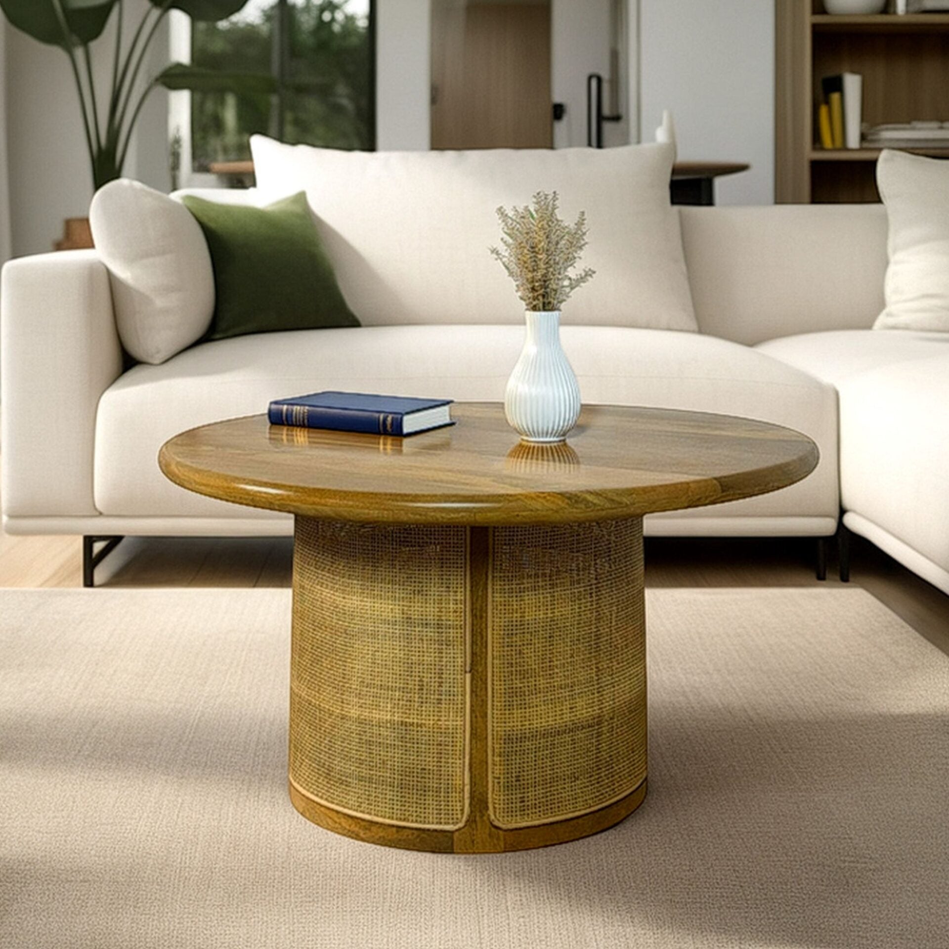 Marlowe 30" Drum-Style Coffee Table with Blonde Acacia Wood Top and Handwoven Cane Base