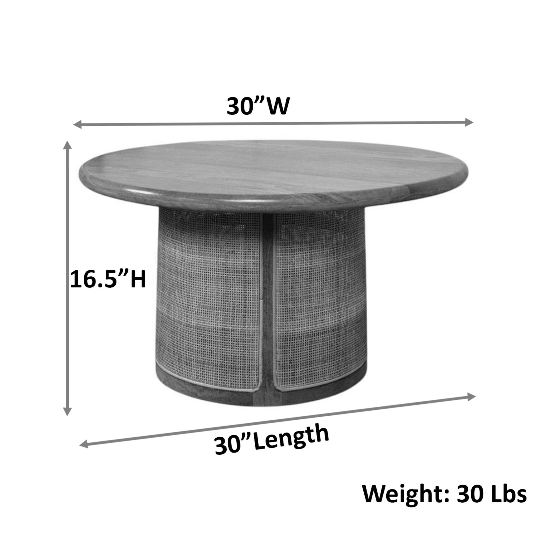 Marlowe 30" Drum-Style Coffee Table with Blonde Acacia Wood Top and Handwoven Cane Base