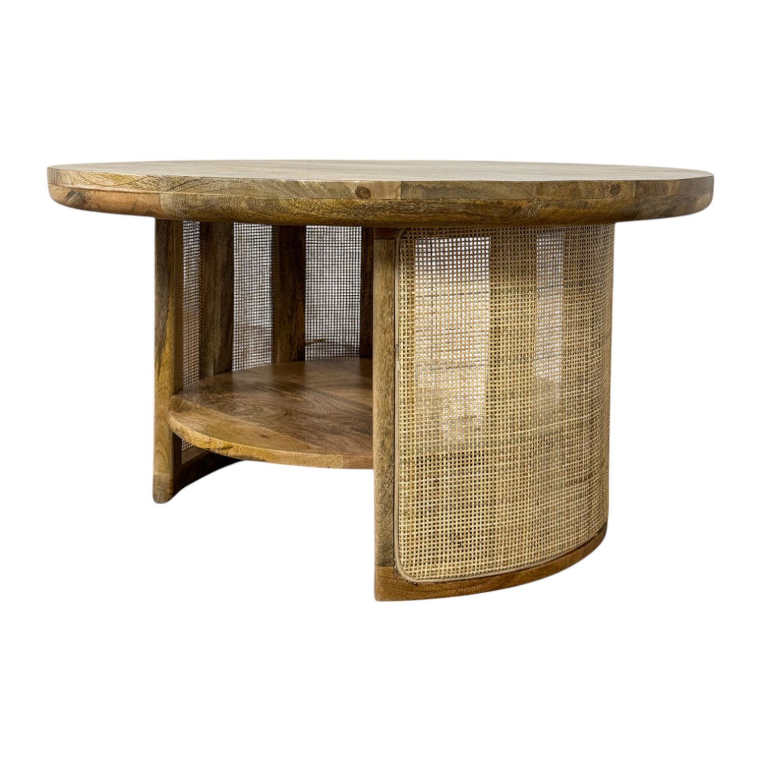 Marlowe 30" Drum Coffee Table with Blonde Acacia Top and Cane Shelf