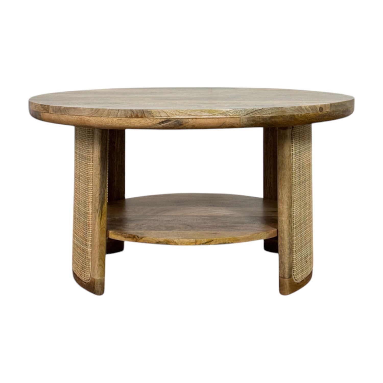 Marlowe 30" Drum Coffee Table with Blonde Acacia Top and Cane Shelf