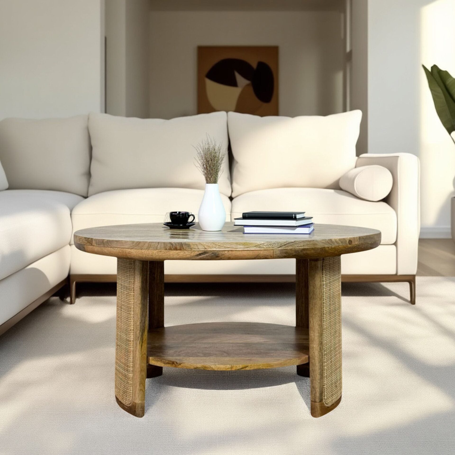 Marlowe 30" Drum Coffee Table with Blonde Acacia Top and Cane Shelf