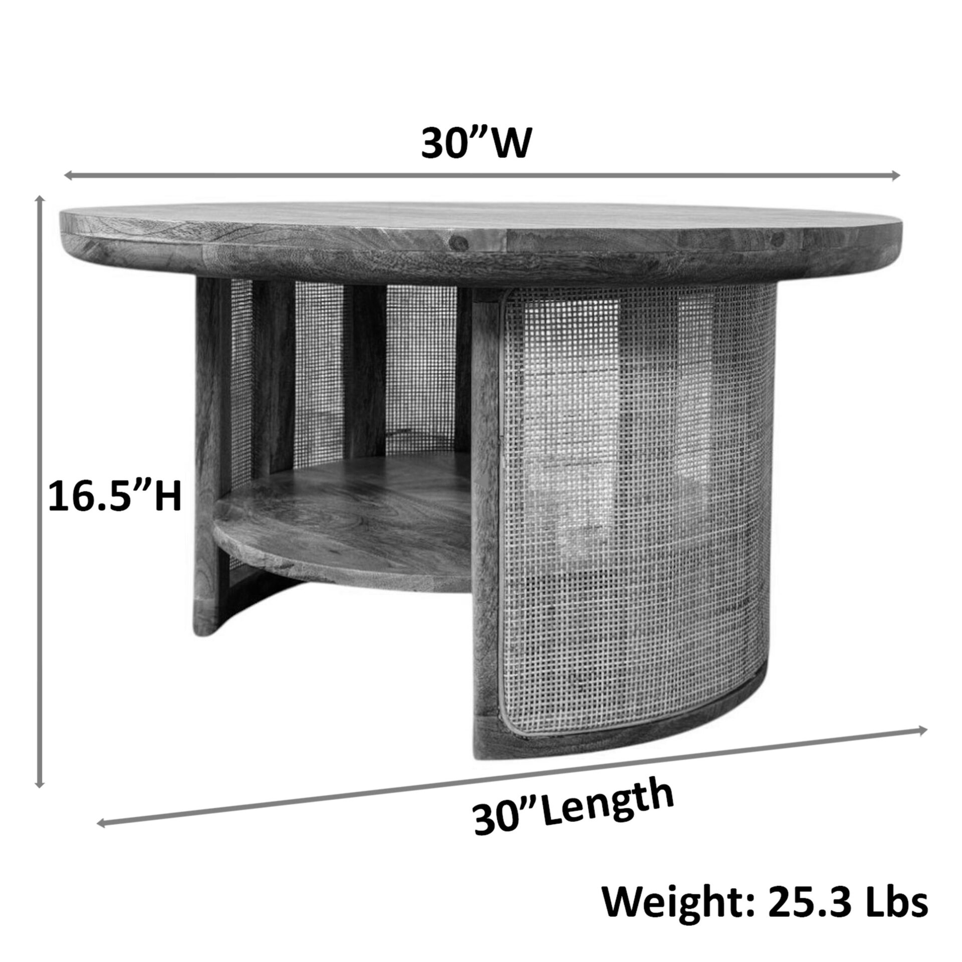 Marlowe 30" Drum Coffee Table with Blonde Acacia Top and Cane Shelf