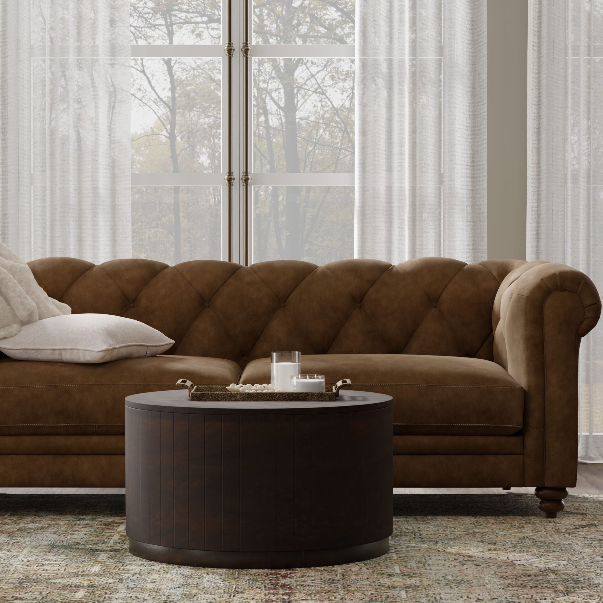 Christa 30" Round Mango Wood Coffee Table in Chestnut
