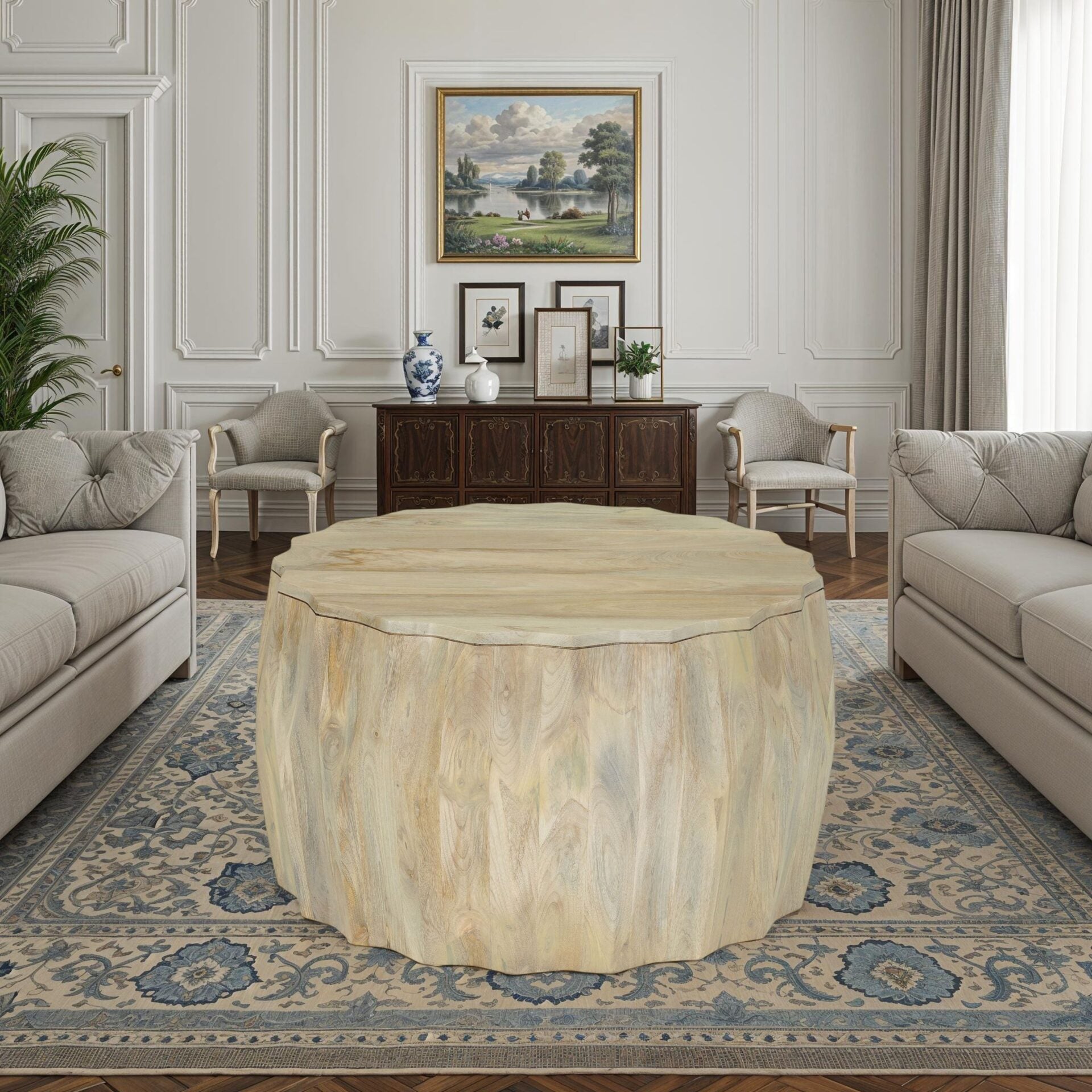 Facet 30" Diamond Carved Round Mango Wood Coffee Table