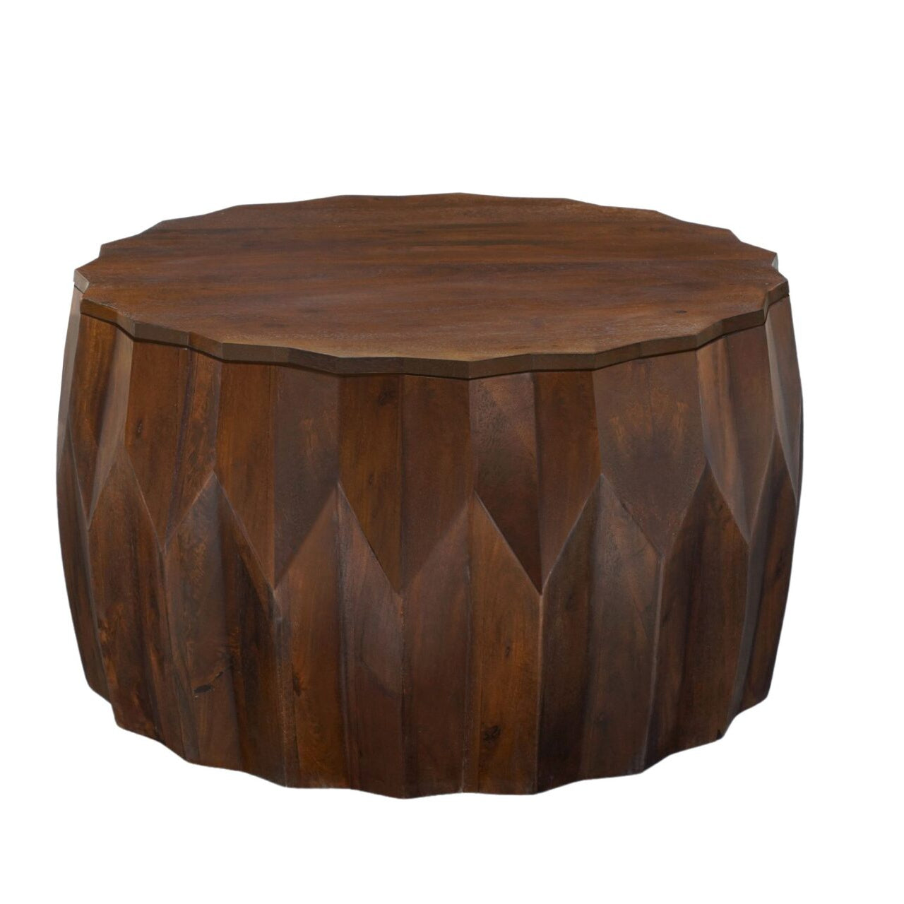 Facet 30" Diamond Carved Round Mango Wood Coffee Table