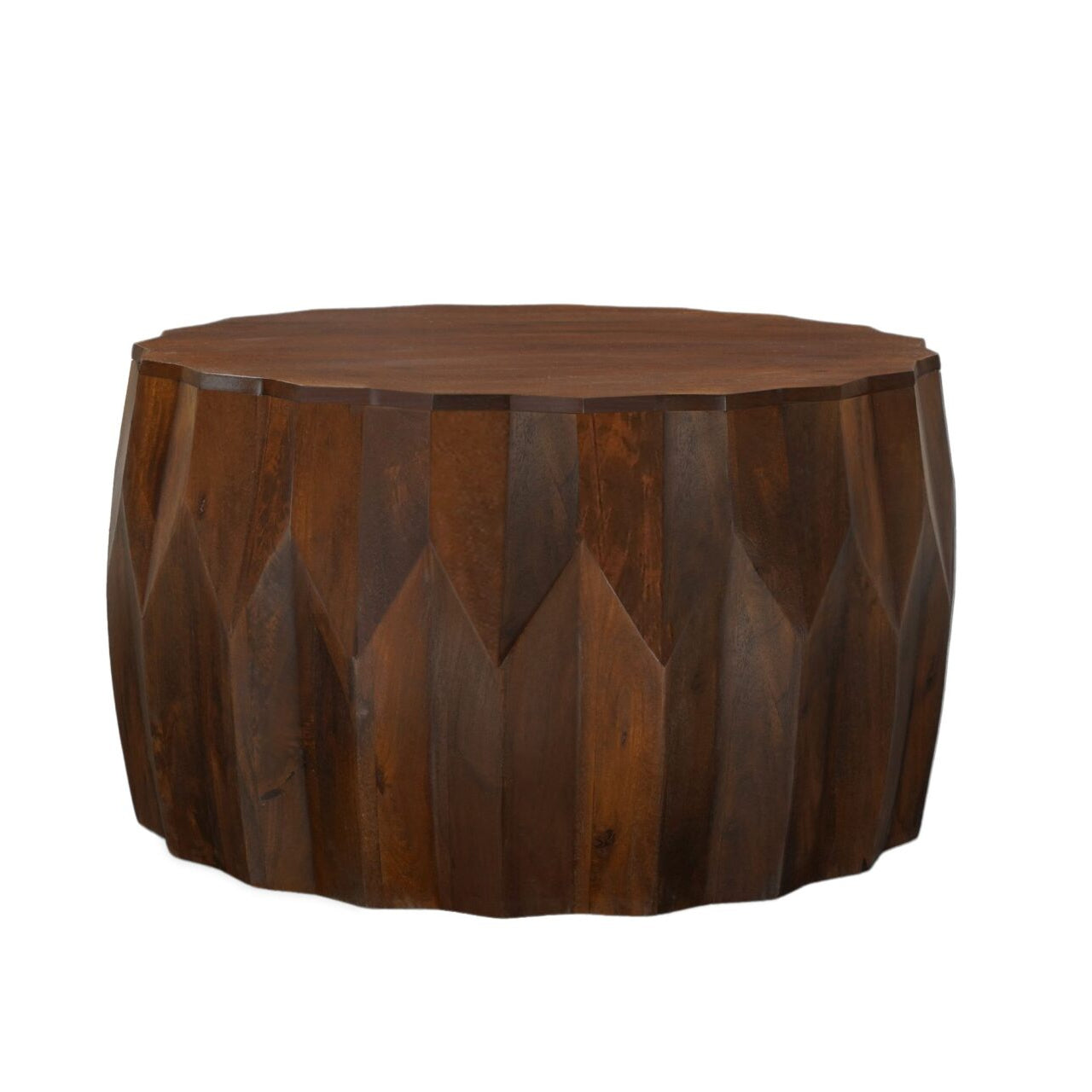 Facet 30" Diamond Carved Round Mango Wood Coffee Table