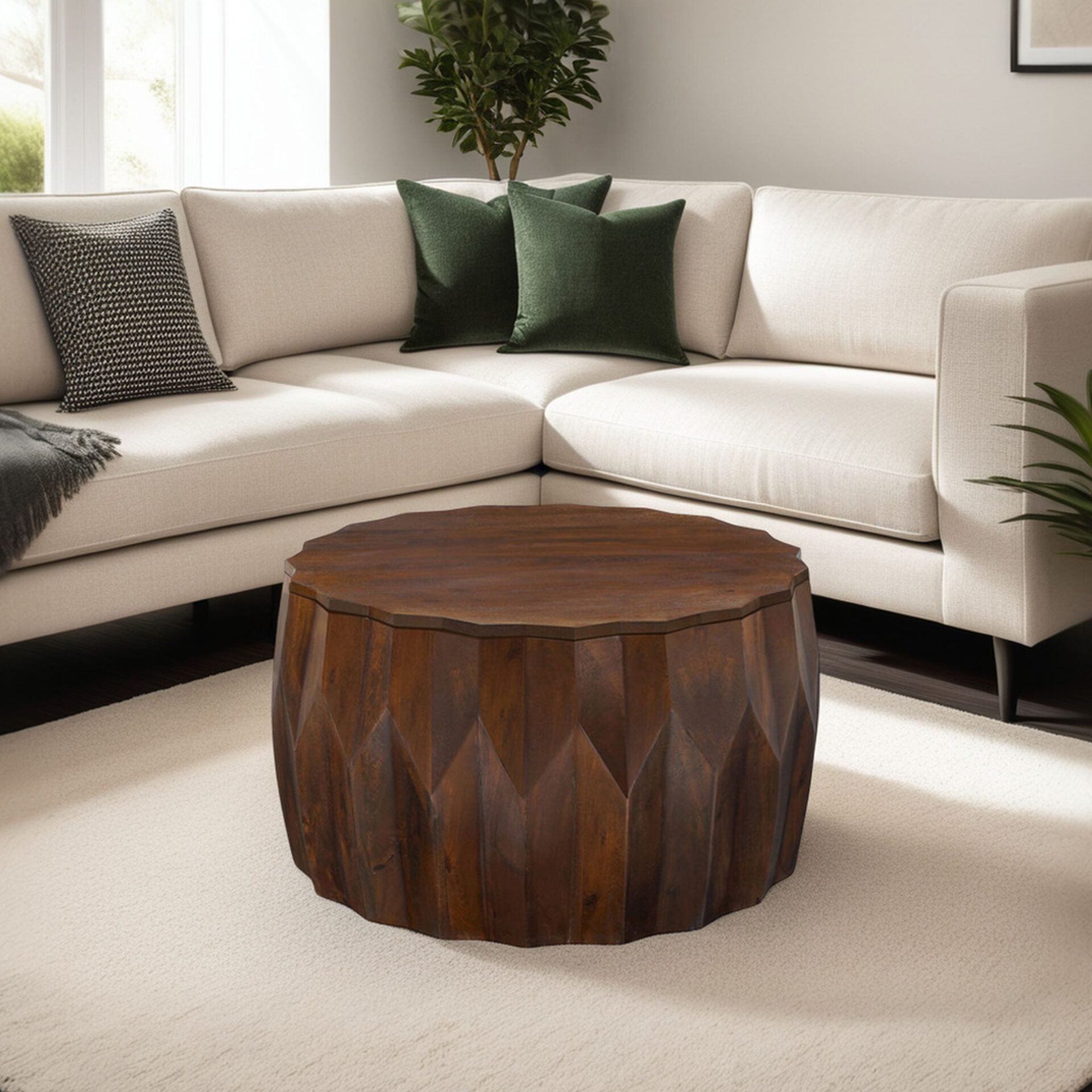 Facet 30" Diamond Carved Round Mango Wood Coffee Table