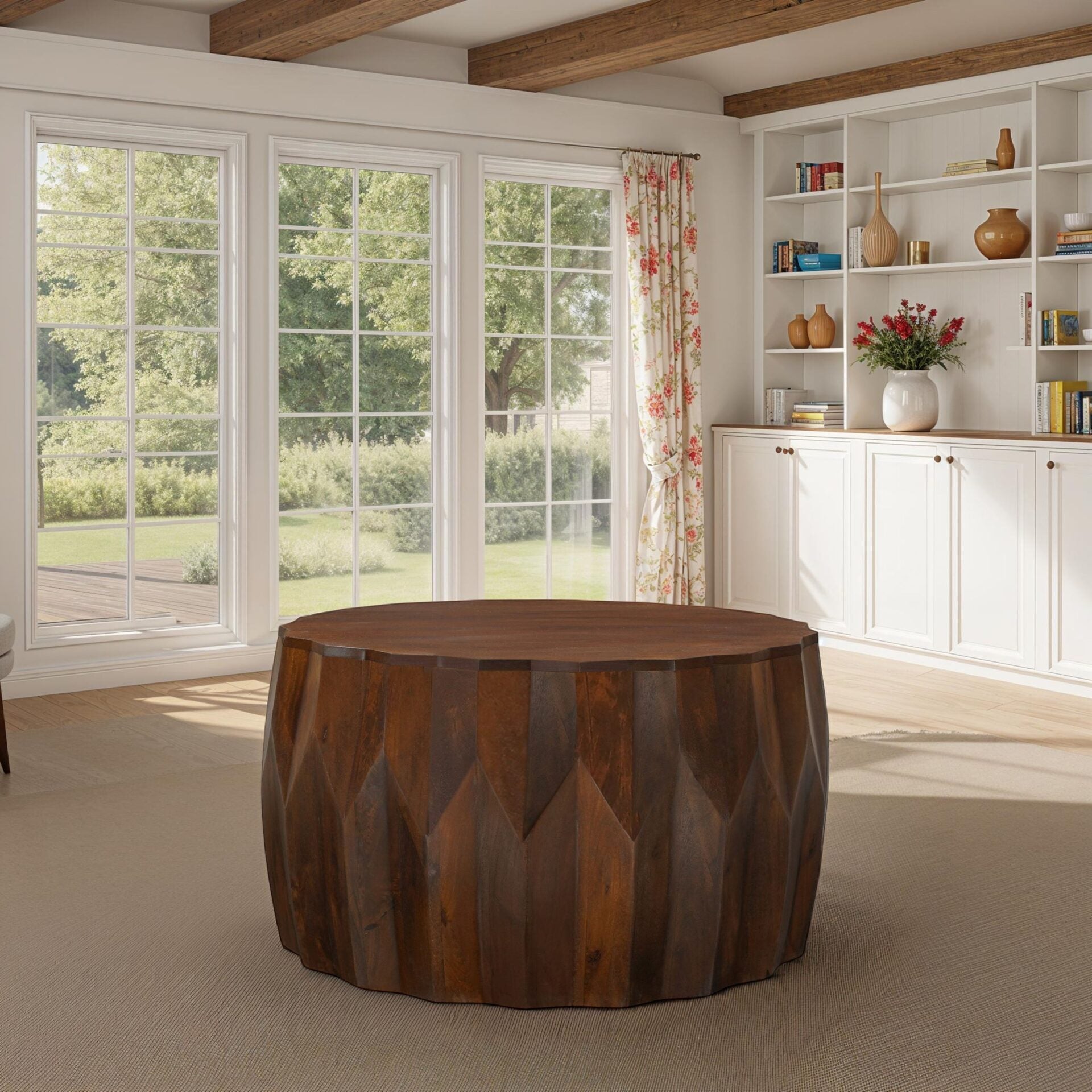 Facet 30" Diamond Carved Round Mango Wood Coffee Table