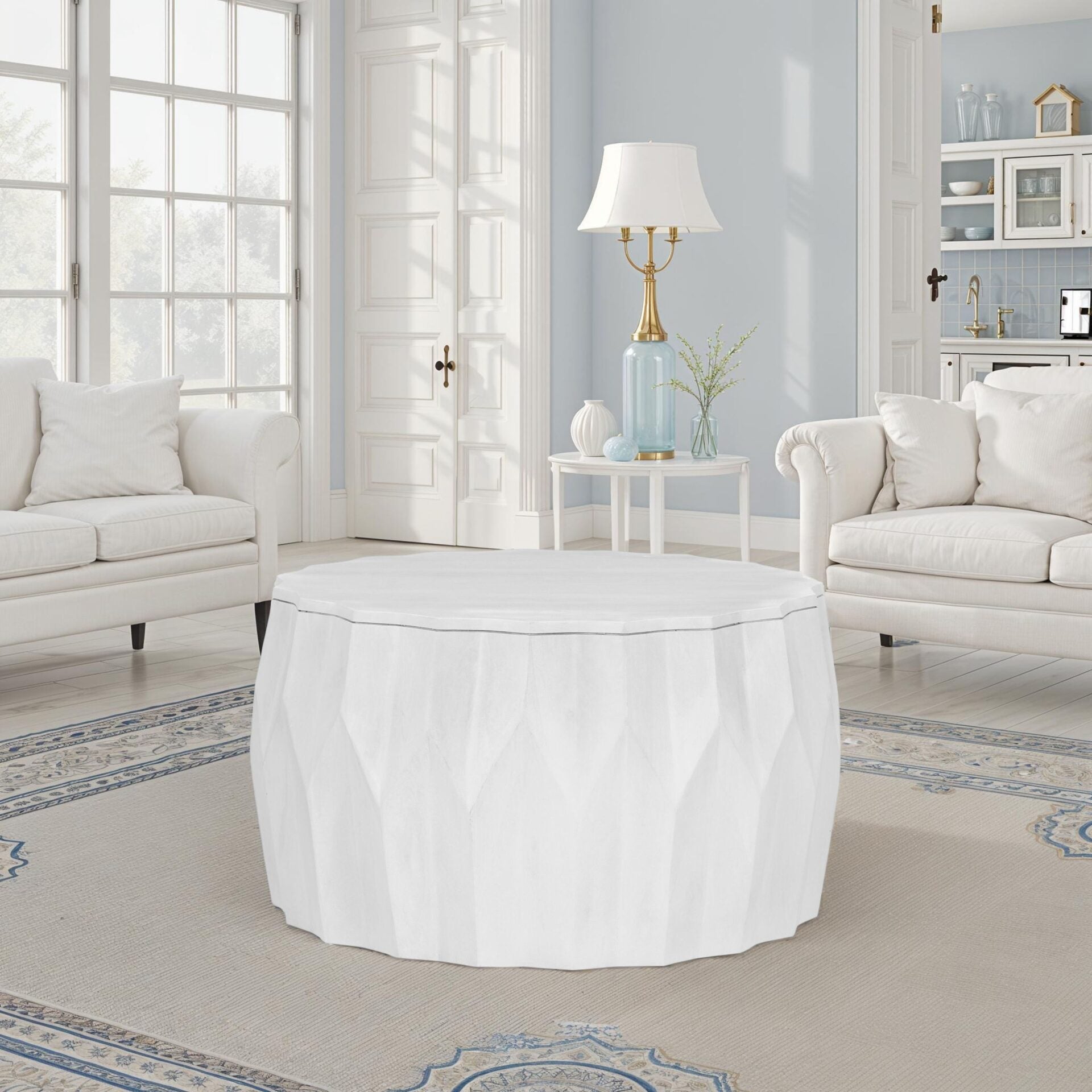 Facet 30" Diamond Carved Round Mango Wood Coffee Table