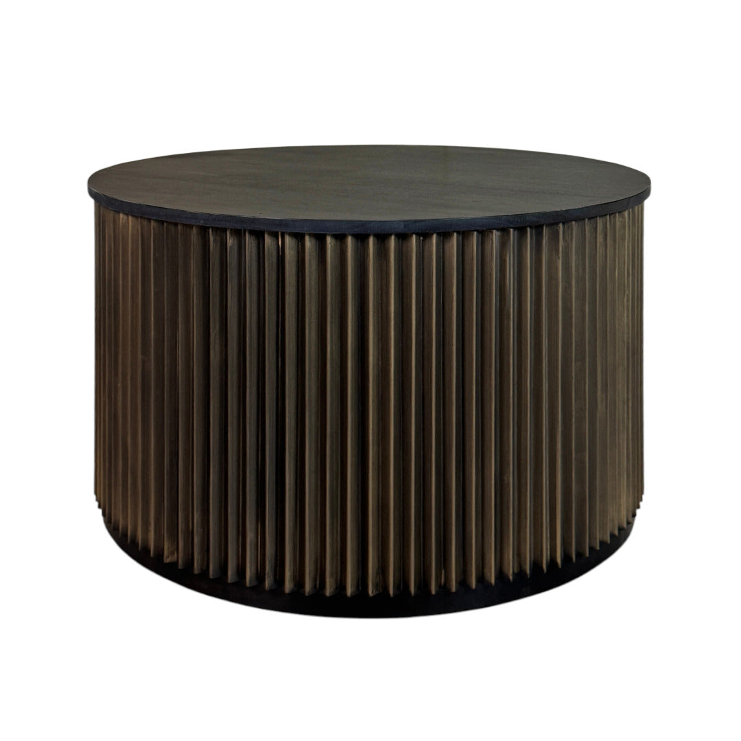 Harmony Groove Round Black-Honed Mango Wood Coffee Table with Vintage Brass Base