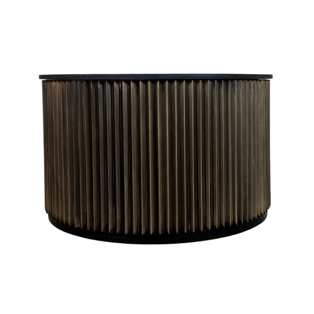 Harmony Groove Round Black-Honed Mango Wood Coffee Table with Vintage Brass Base