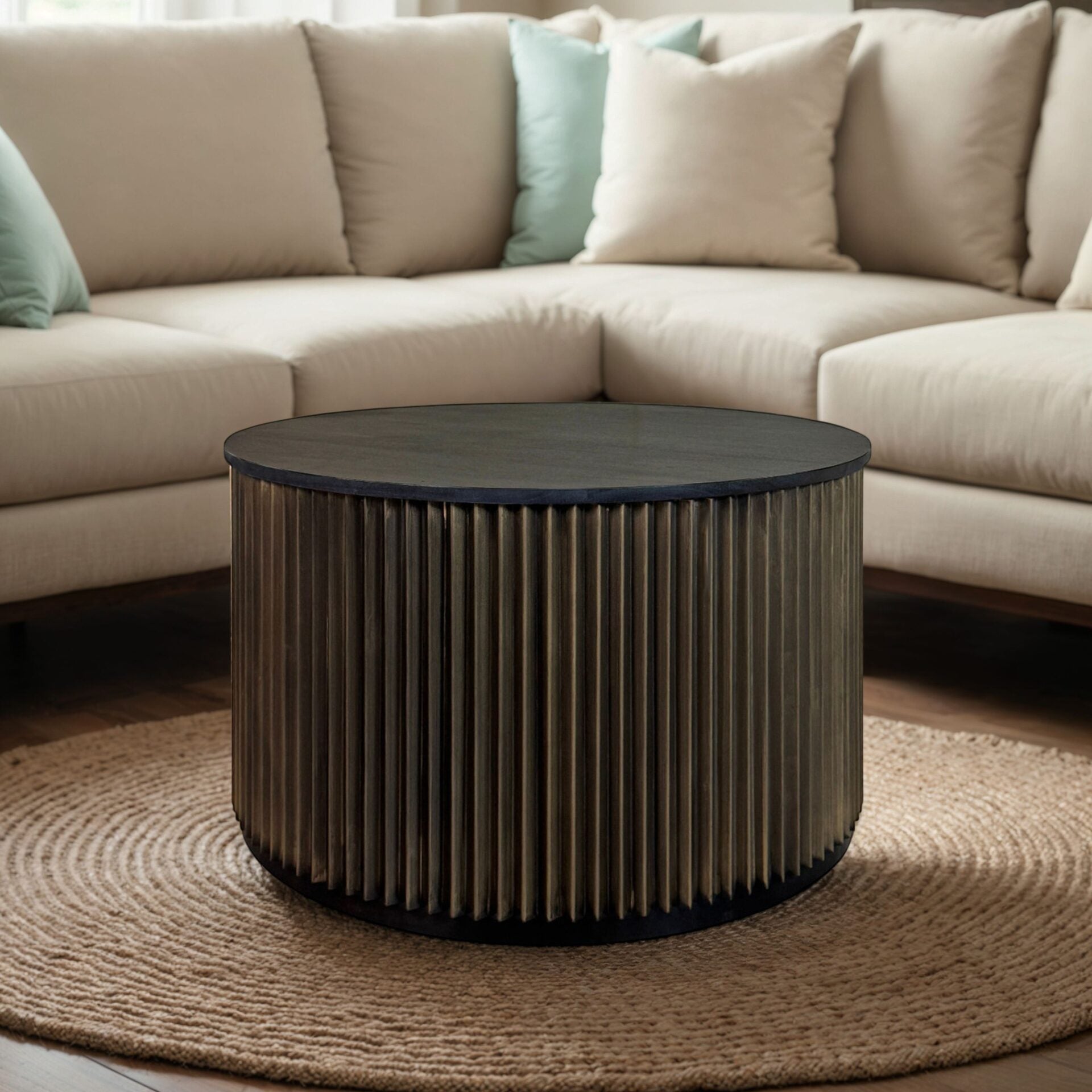 Harmony Groove Round Black-Honed Mango Wood Coffee Table with Vintage Brass Base