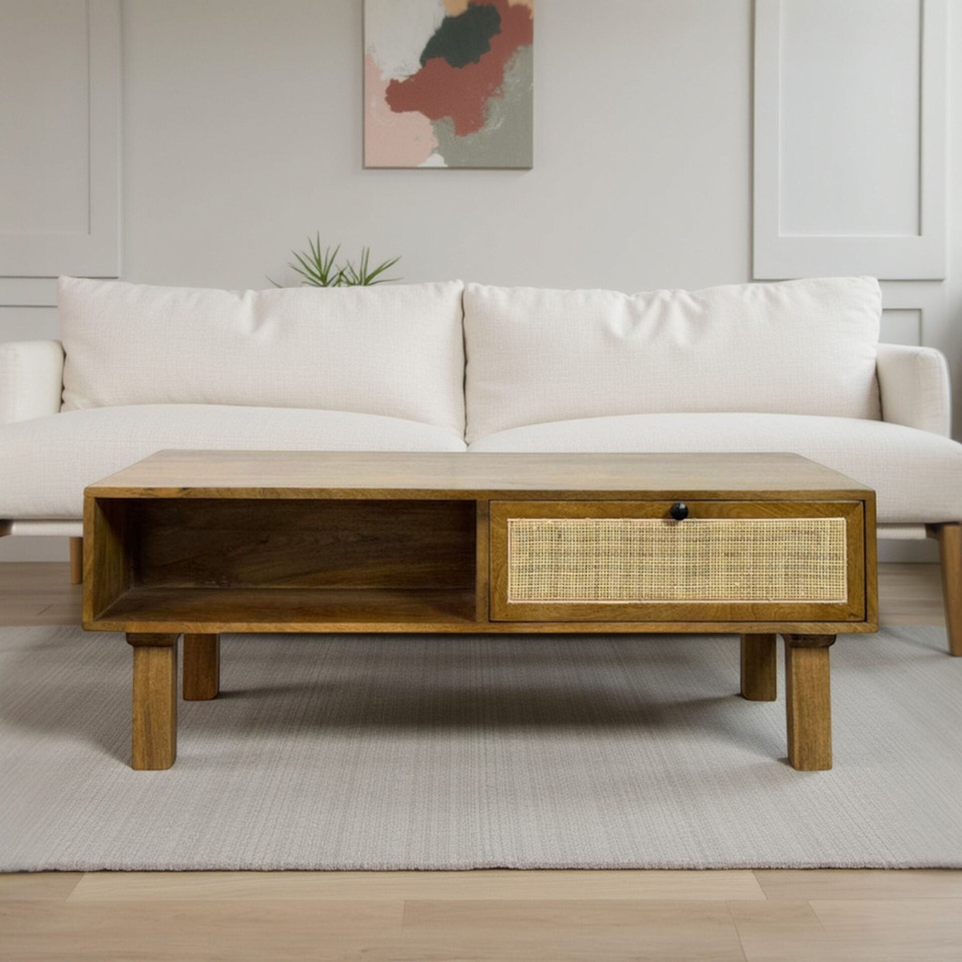 Haven Acacia Wood Coffee Table with Dual Storage Blonde Finish