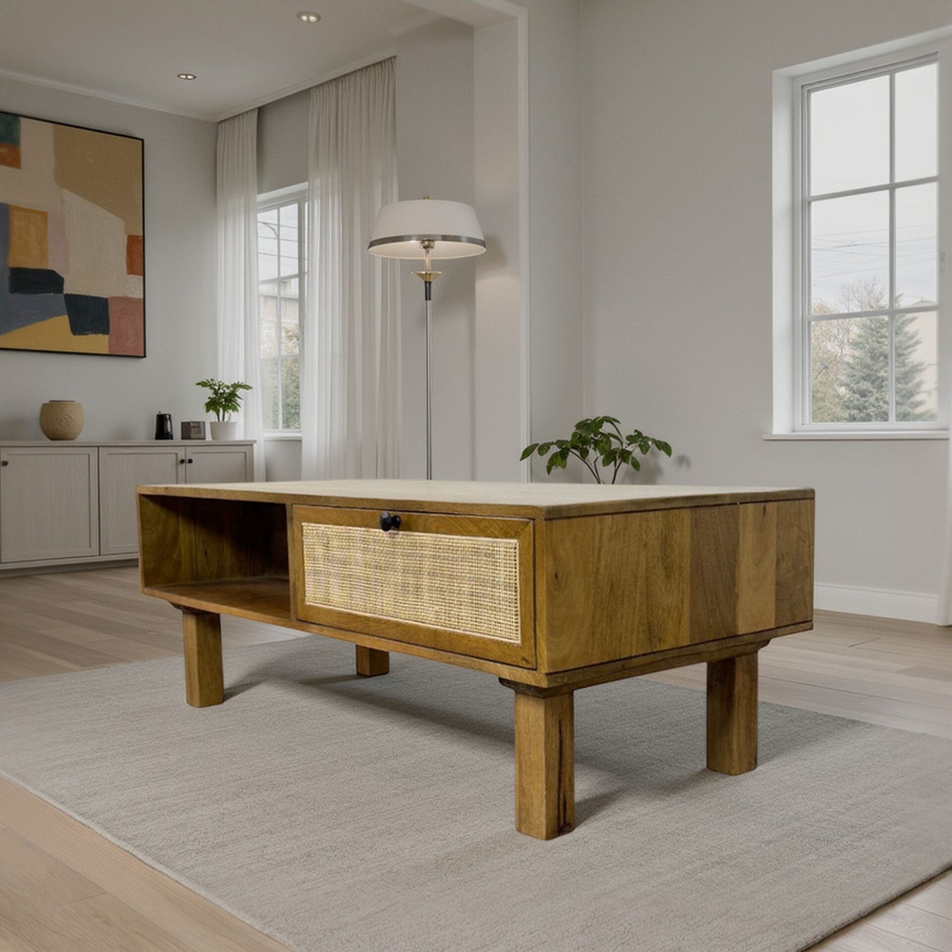 Haven Acacia Wood Coffee Table with Dual Storage Blonde Finish