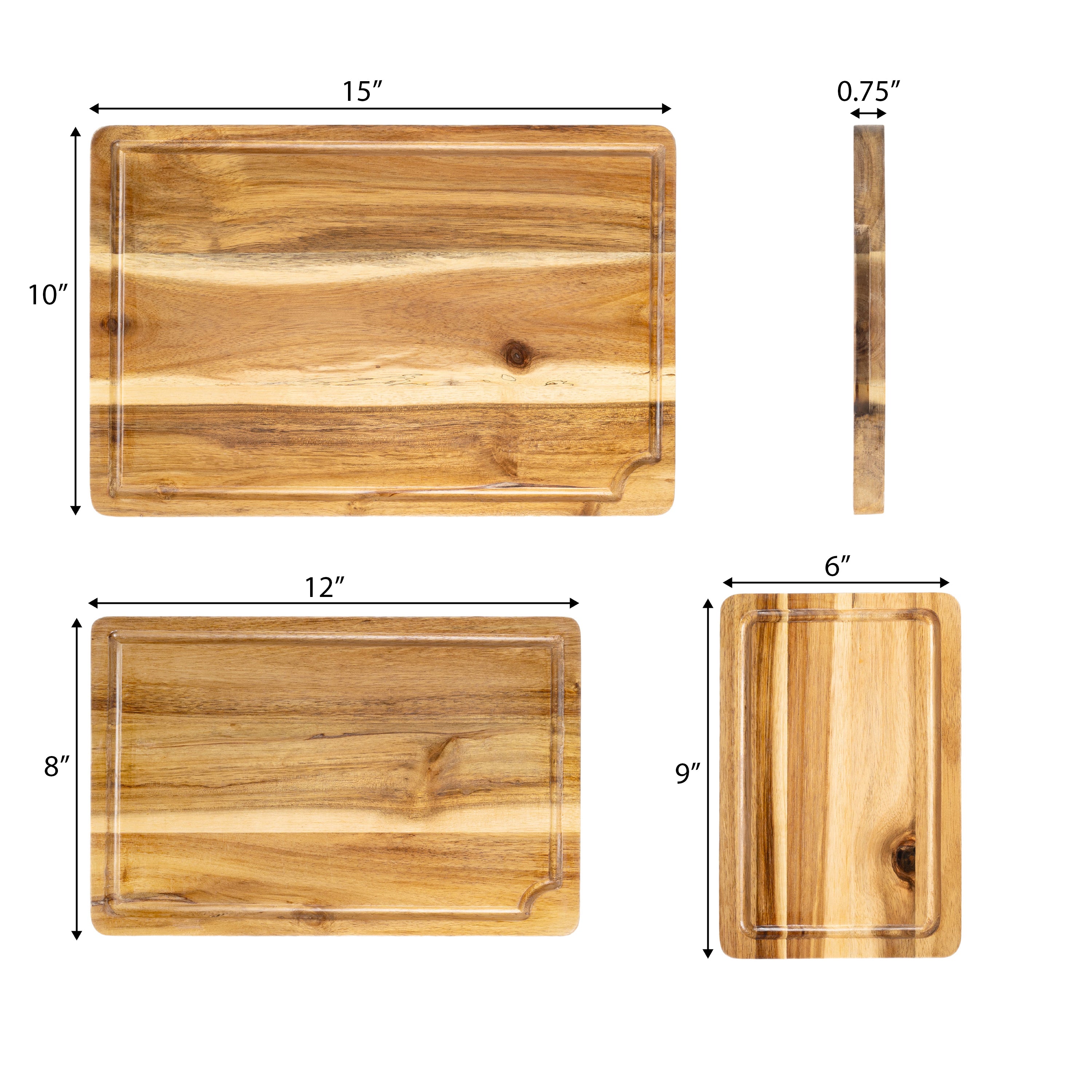 Hespera Handcrafted Acacia Wood Reversible Cutting Board with Juice Grooves and Built-In Handle, Set of 3