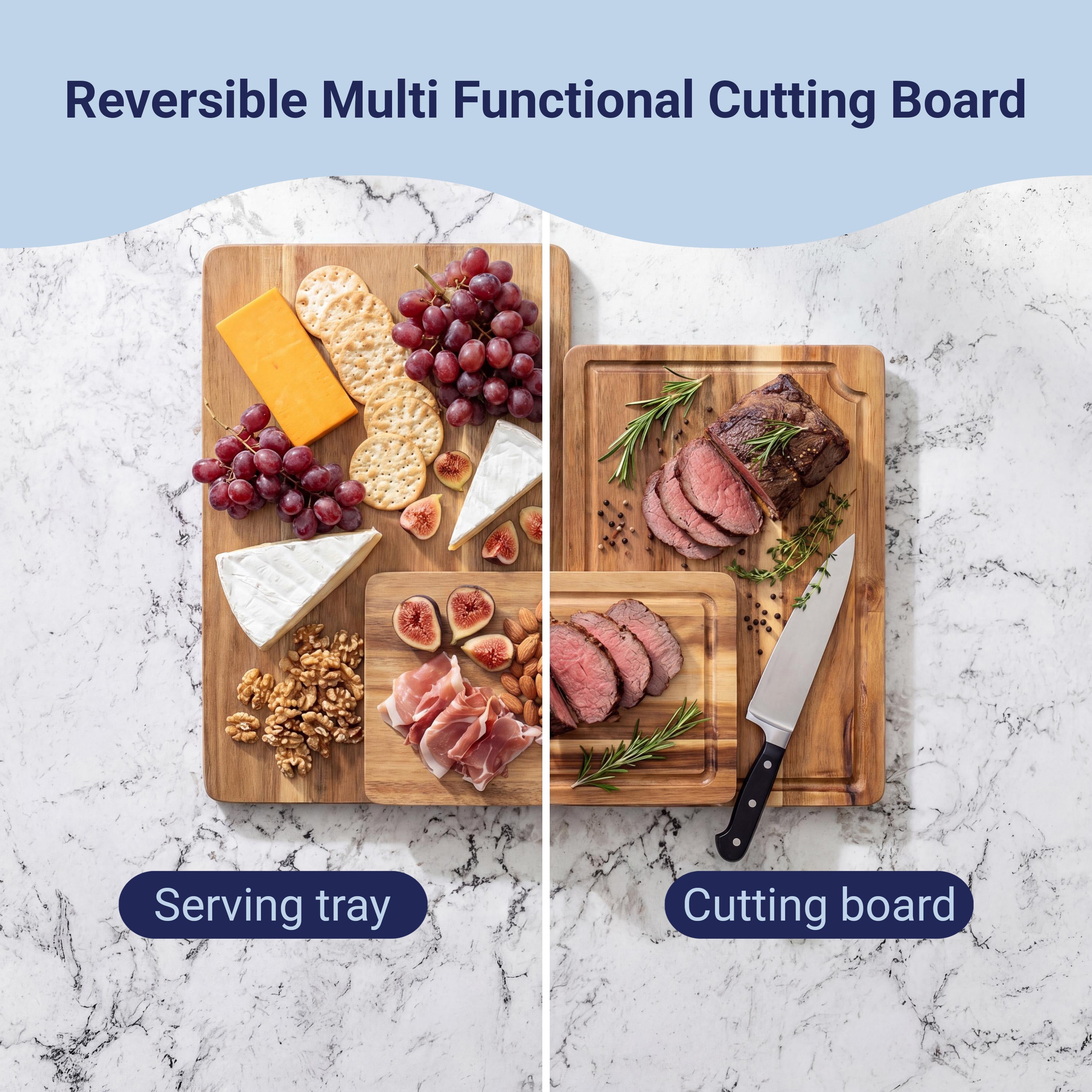 Hespera Handcrafted Acacia Wood Reversible Cutting Board with Juice Grooves and Built-In Handle, Set of 3
