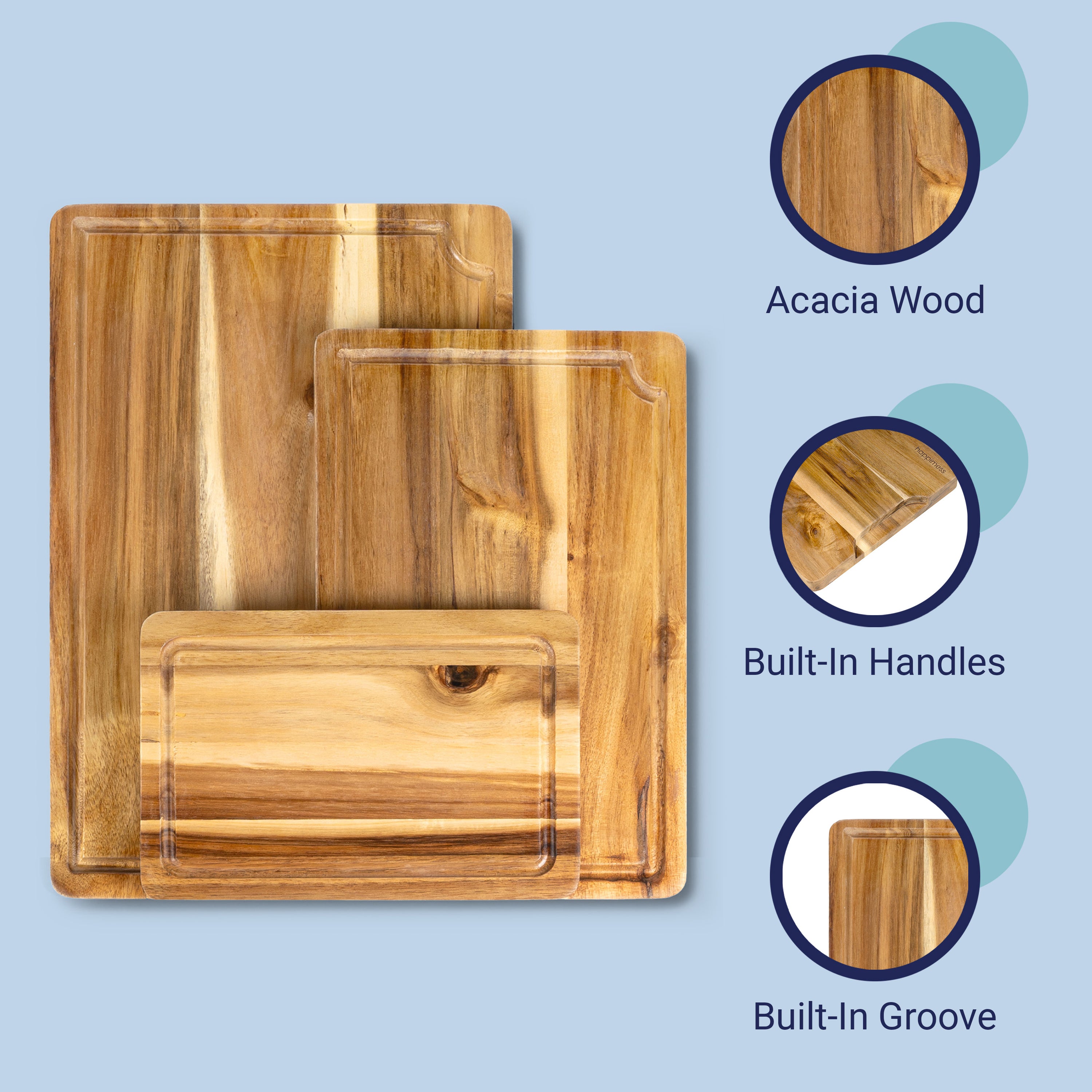Hespera Handcrafted Acacia Wood Reversible Cutting Board with Juice Grooves and Built-In Handle, Set of 3