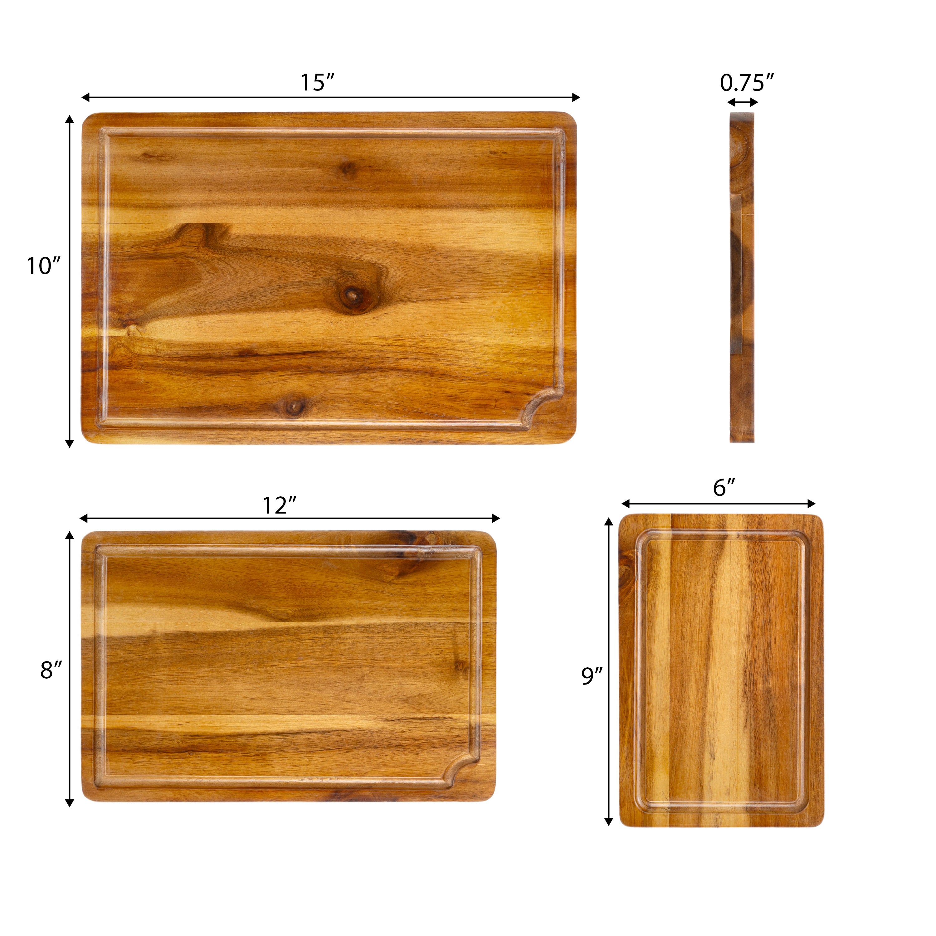 Hespera Handcrafted Acacia Wood Reversible Cutting Board with Juice Grooves and Built-In Handle, Set of 3