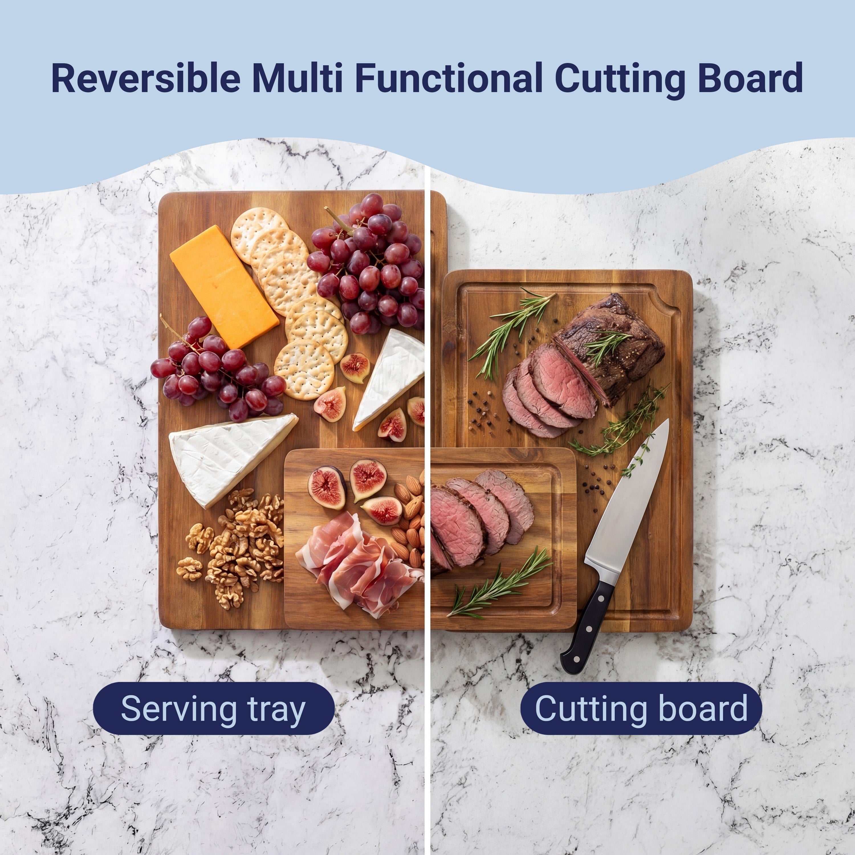 Hespera Handcrafted Acacia Wood Reversible Cutting Board with Juice Grooves and Built-In Handle, Set of 3