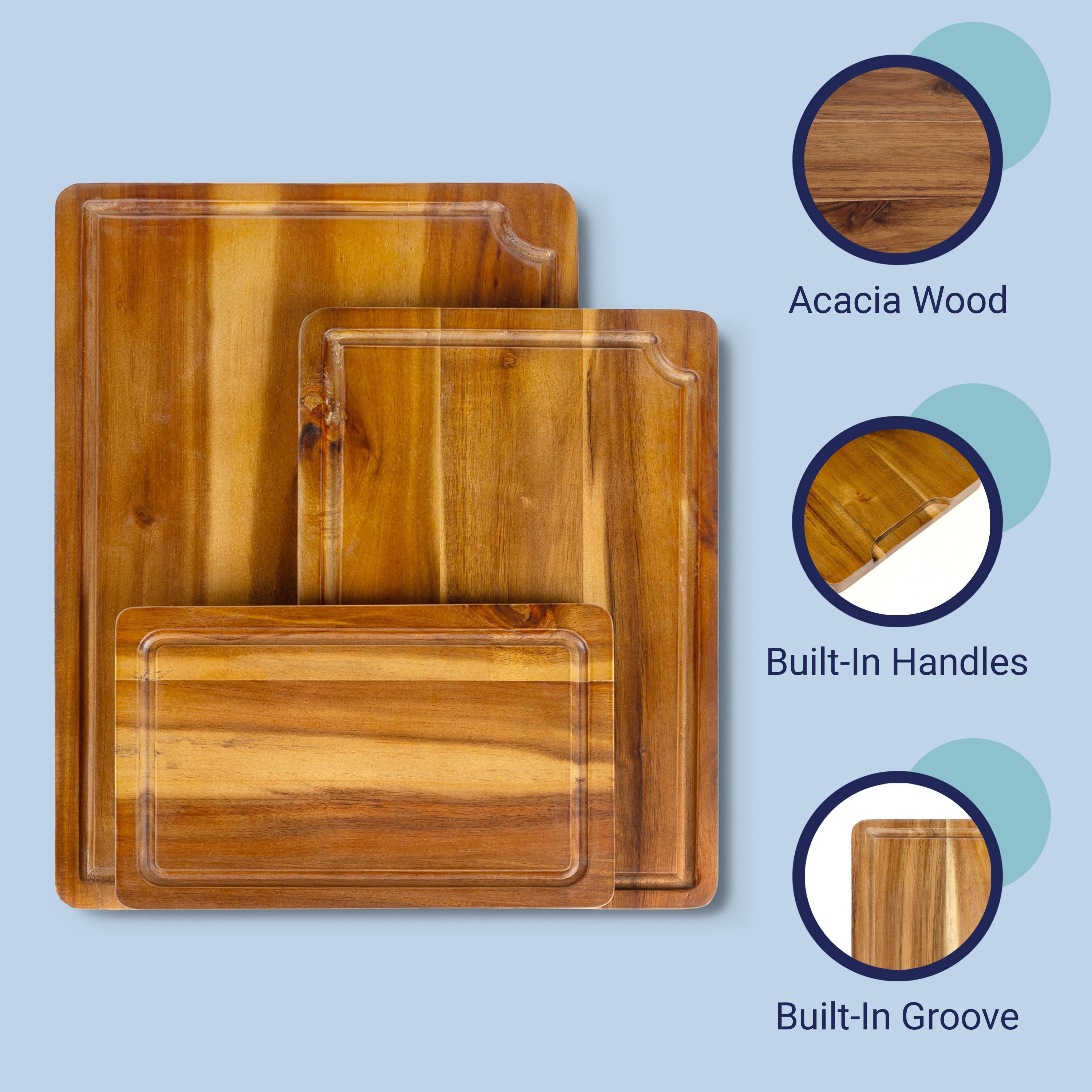 Hespera Handcrafted Acacia Wood Reversible Cutting Board with Juice Grooves and Built-In Handle, Set of 3
